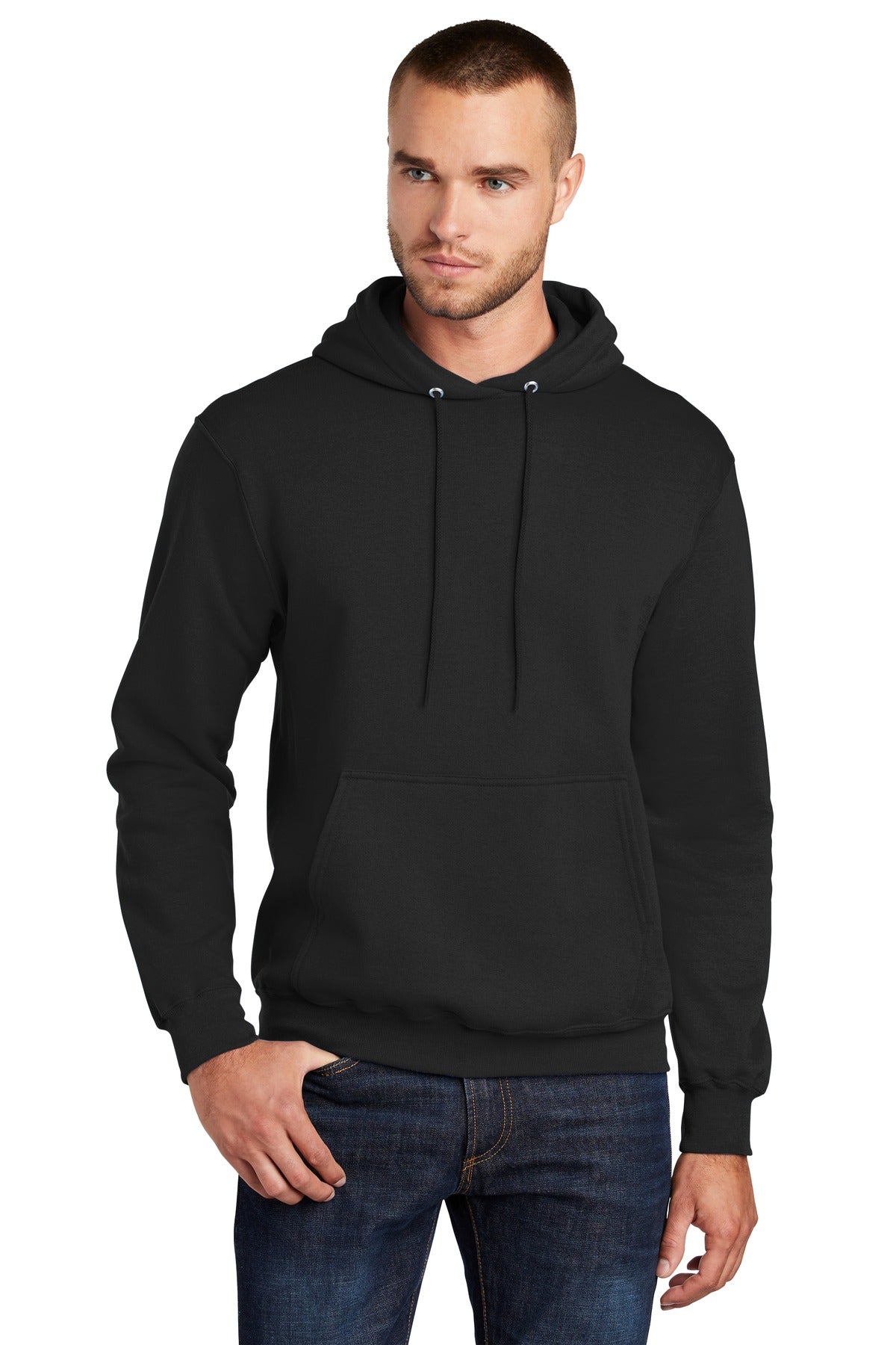 tall male model 6'3 wearing a medium jet black colored Port & Company Tall Pullover Hooded Sweatshirt 50/50 cotton/poly blend against a white background