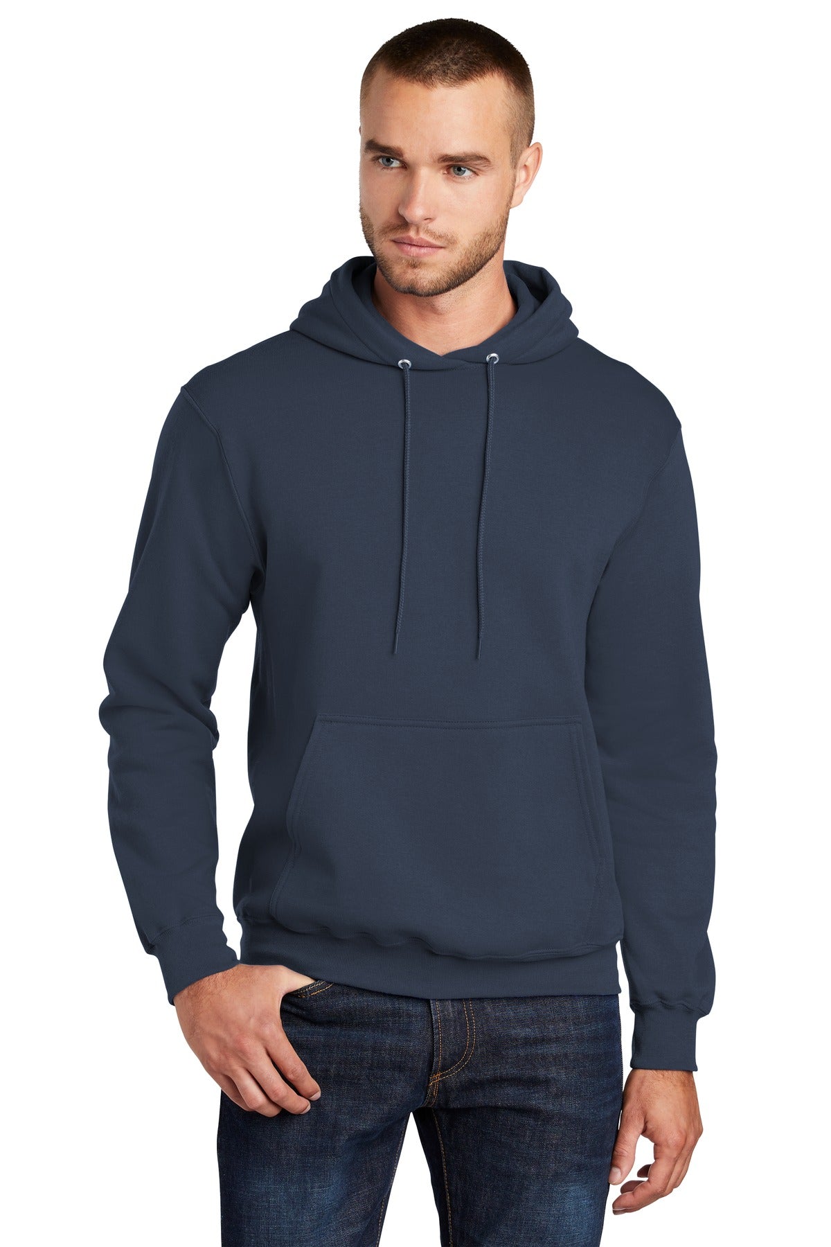 tall male model 6'3 wearing a medium navy colored Port & Company Tall Pullover Hooded Sweatshirt 50/50 cotton/poly blend against a white background