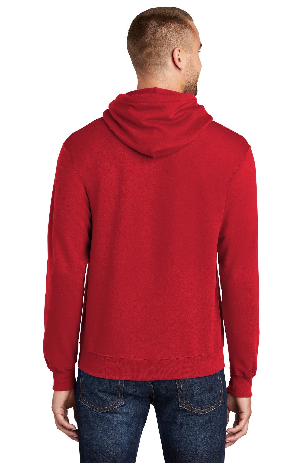 tall male model 6'3 wearing a medium red colored Port & Company Tall Pullover Hooded Sweatshirt 50/50 cotton/poly blend showing the back of the shirt against a white background