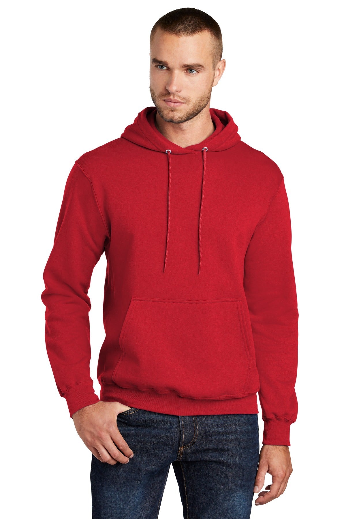 tall male model 6'3 wearing a medium red colored Port & Company Tall Pullover Hooded Sweatshirt 50/50 cotton/poly blend against a white background