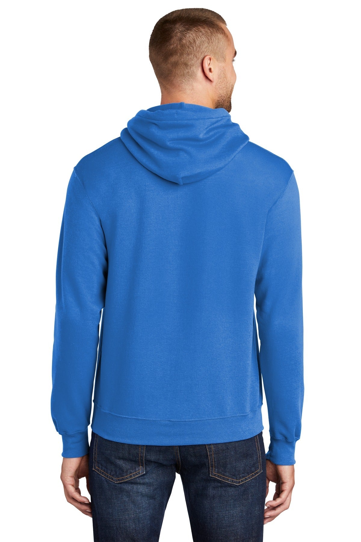 tall male model 6'3 wearing a medium royal colored Port & Company Tall Pullover Hooded Sweatshirt 50/50 cotton/poly blend showing the back of the shirt against a white background