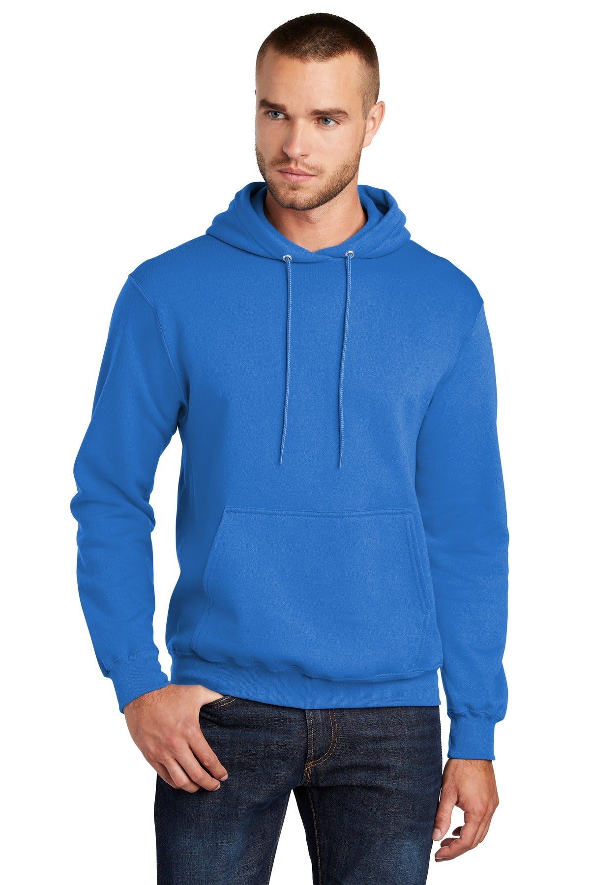 tall male model 6'3 wearing a medium royal colored Port & Company Tall Pullover Hooded Sweatshirt 50/50 cotton/poly blend against a white background