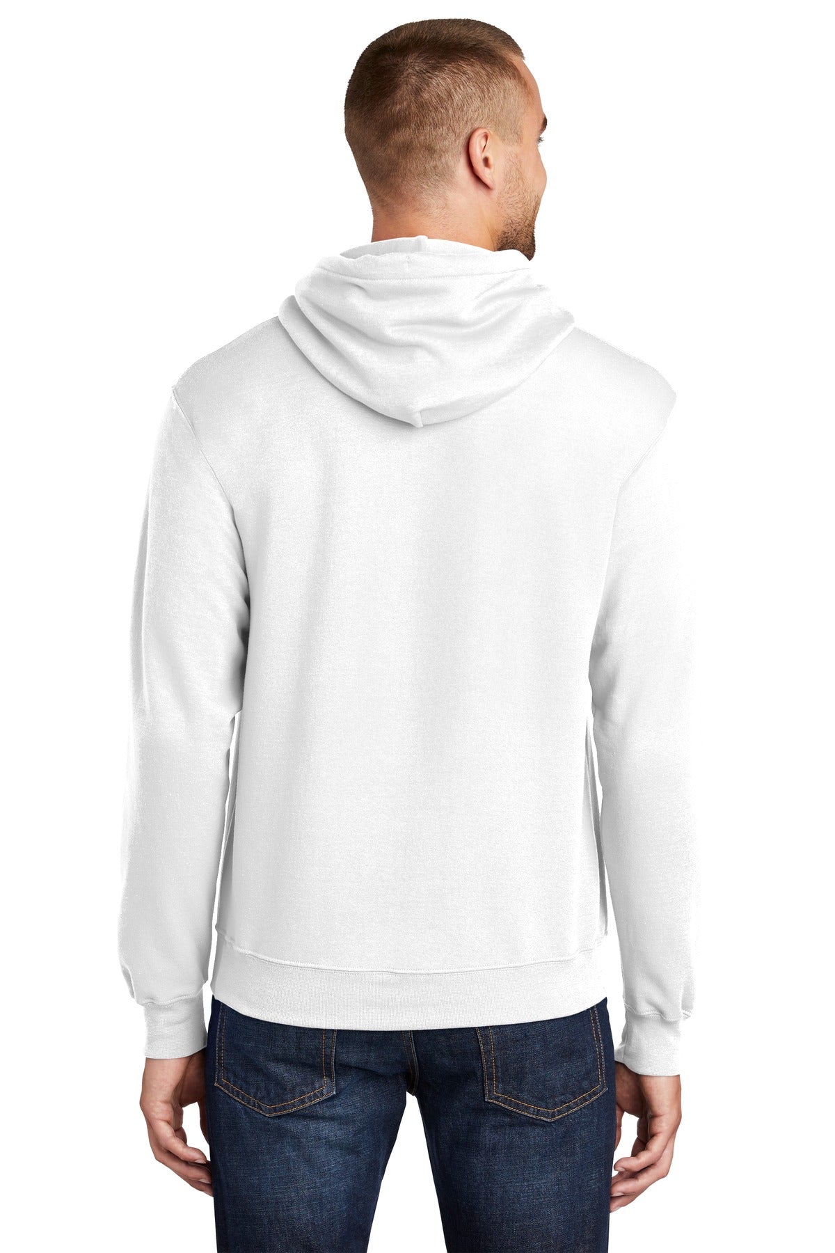 tall male model 6'3 wearing a medium white colored Port & Company Tall Pullover Hooded Sweatshirt 50/50 cotton/poly blend showing the back of the shirt against a white background