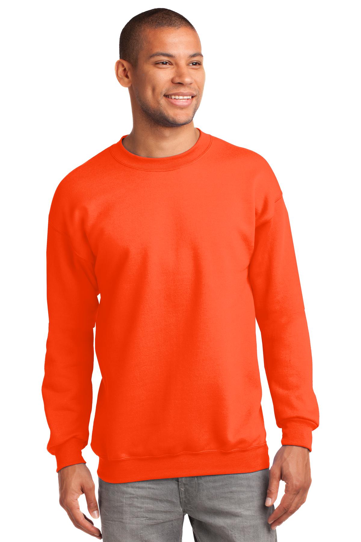 Tall male model 6'2 wearing a medium port & Company Tall Crewneck Heavyweight Sweatshirt in color safety orange against a white background