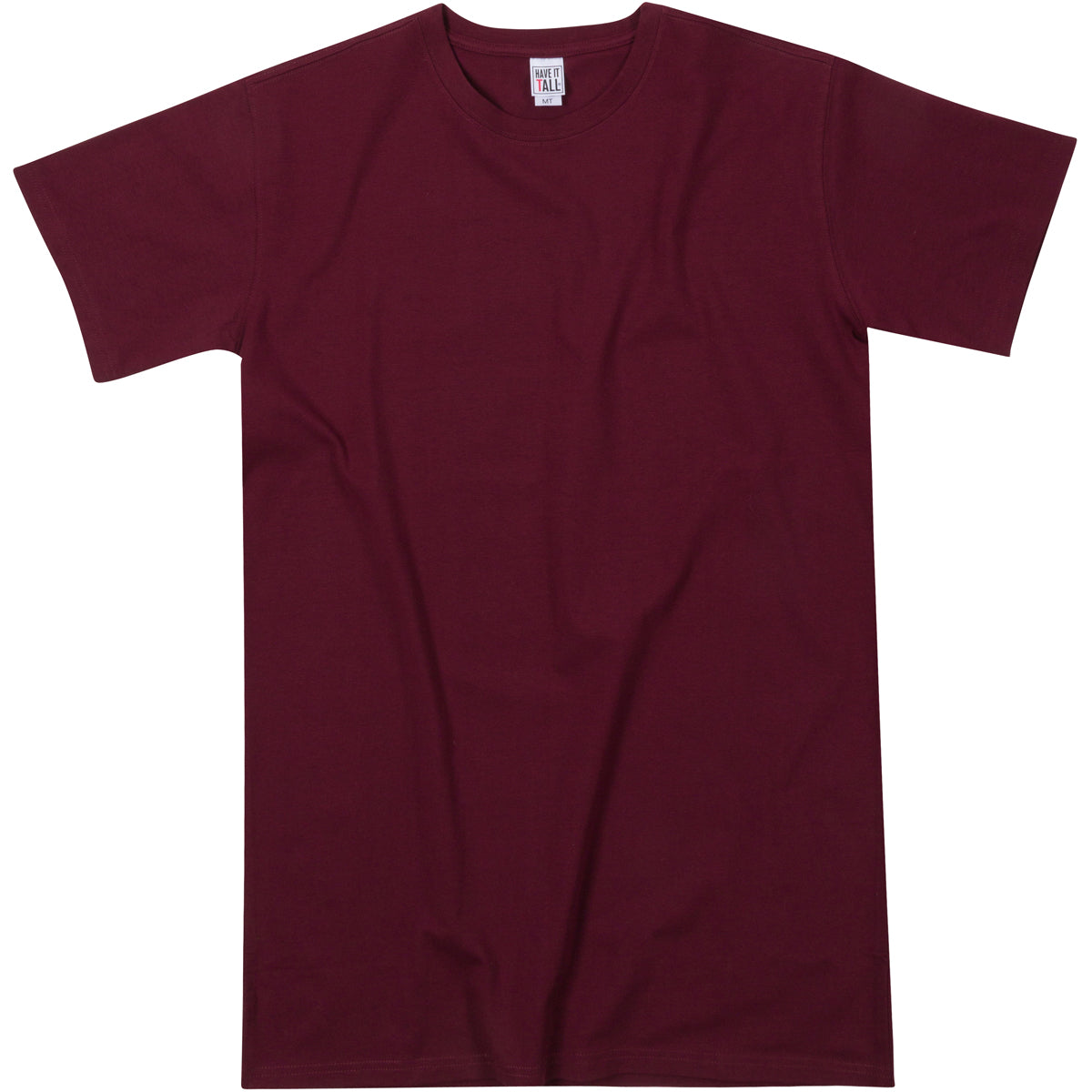 Have It Tall premium Four way stretch 95% cotton 5% spandex T shirt in color Maroon quality washable fabric tee against a white background
