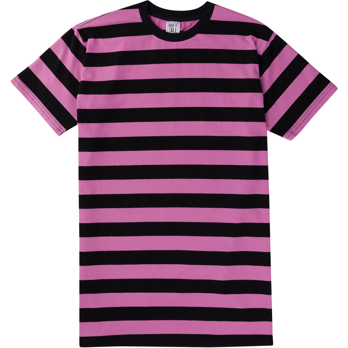 Have It Tall comfortable quality T shirt in color Pink with Black stripes against a white background