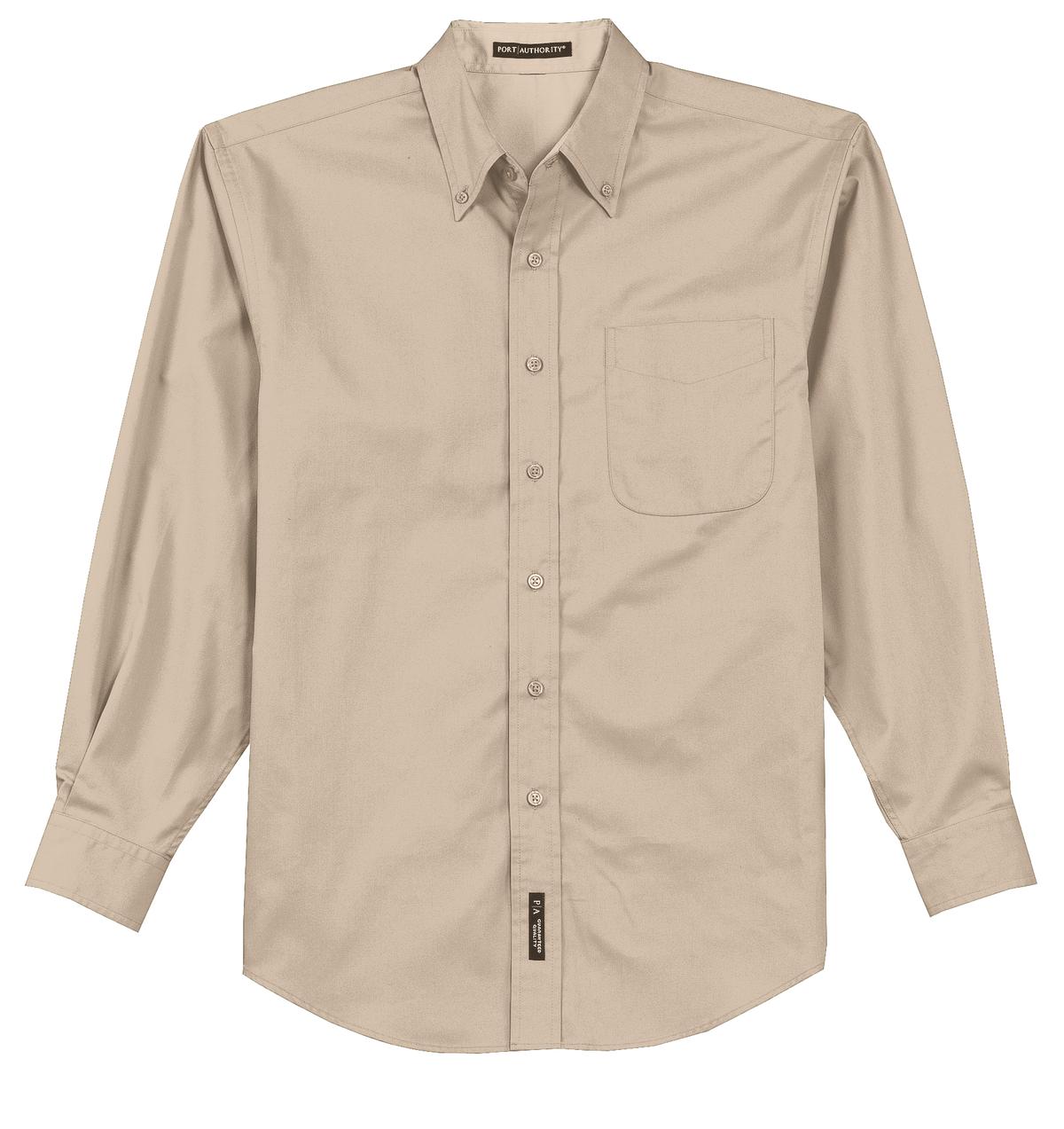 Port Authority tall long sleeve button up shirt in color Tan with left chest pocket against a white background