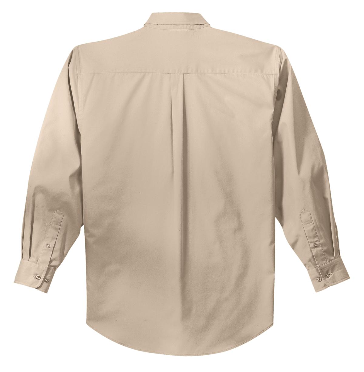 Port Authority tall long sleeve button up shirt in color Tan with left chest pocket showing back of the shirt against a white background
