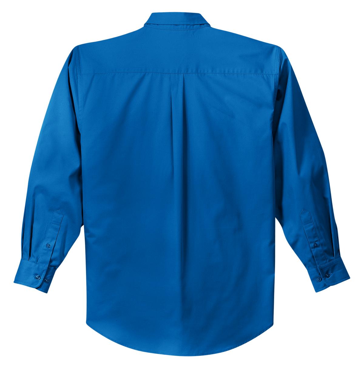 Port Authority tall long sleeve button up shirt in color strong blue with left chest pocket showing back of the shirt against a white background
