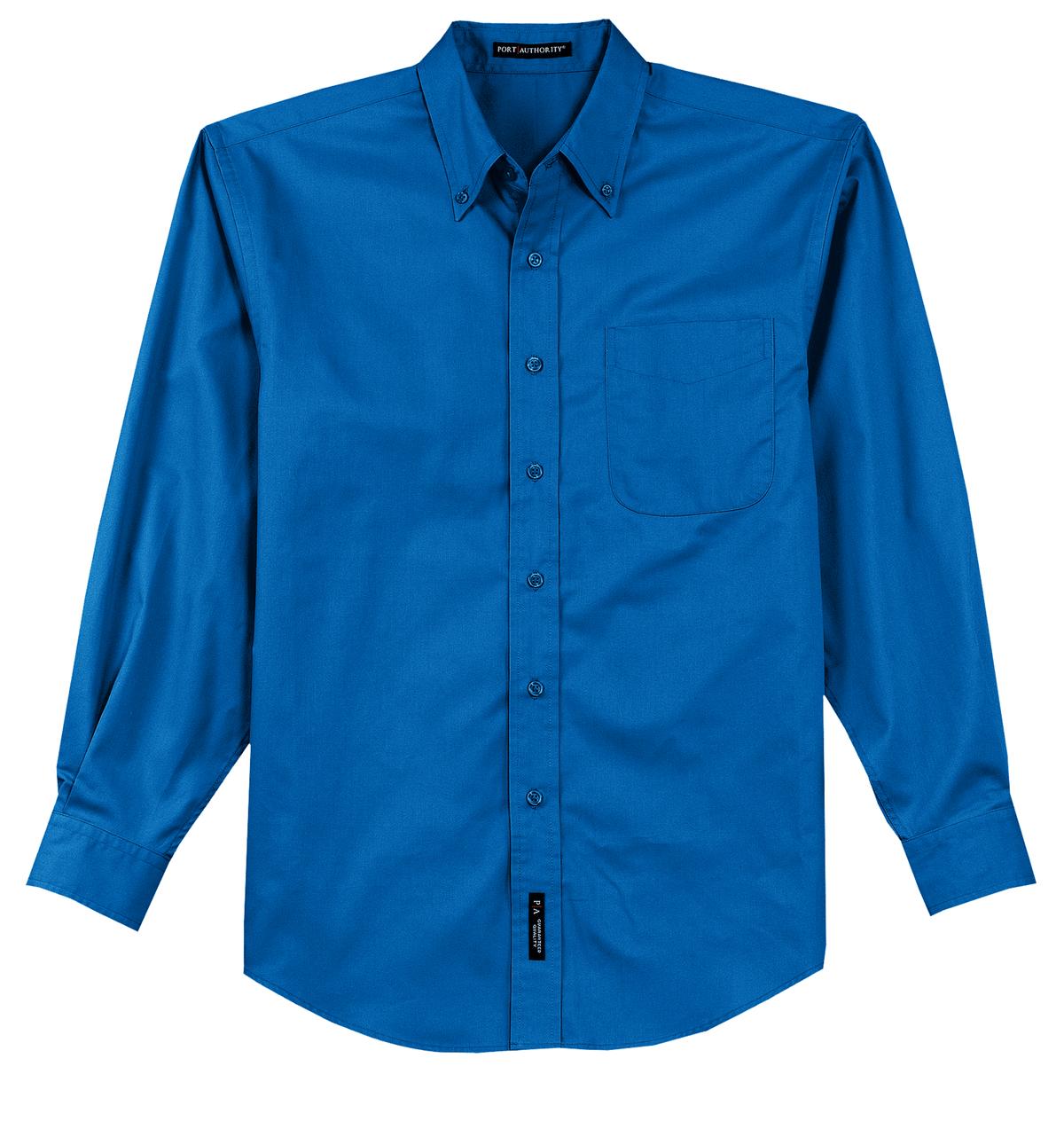 Port Authority tall long sleeve button up shirt in color strong blue with left chest pocket against a white background