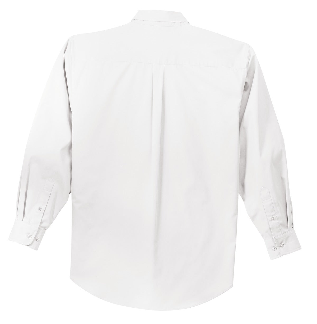Port Authority tall long sleeve button up shirt in color White with left chest pocket showing back of the shirt against a white background