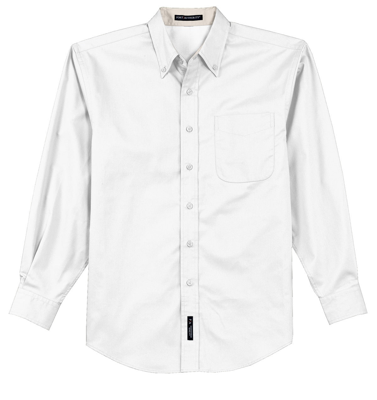 Port Authority tall long sleeve button up shirt in color white with left chest pocket against a white background