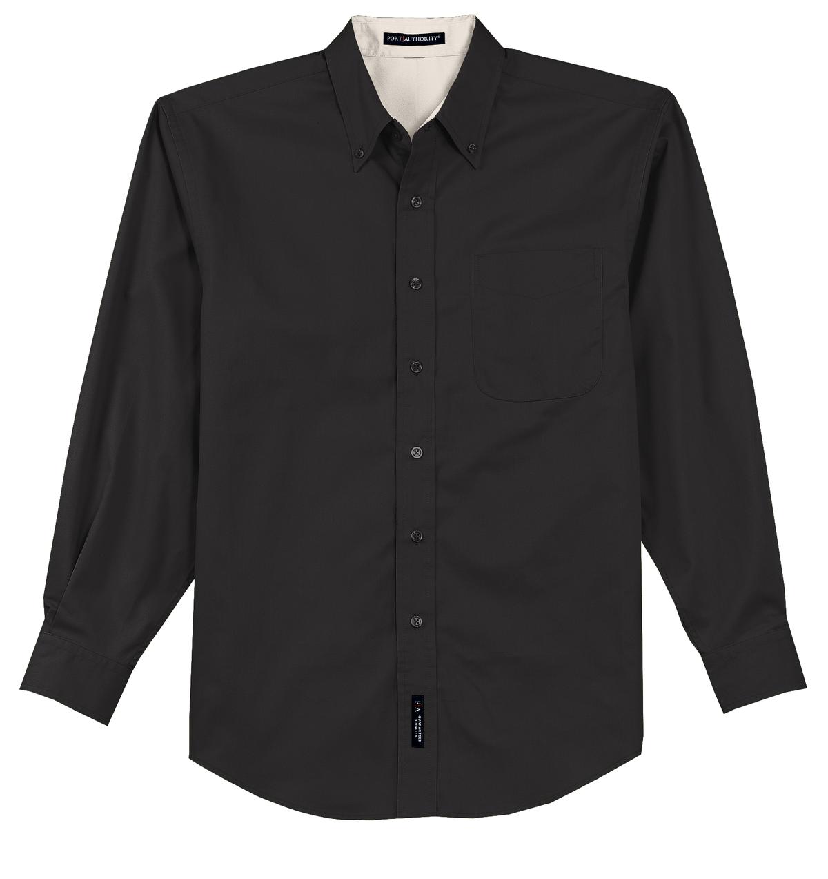 Port Authority tall long sleeve button up shirt in color black with left chest pocket against a white background