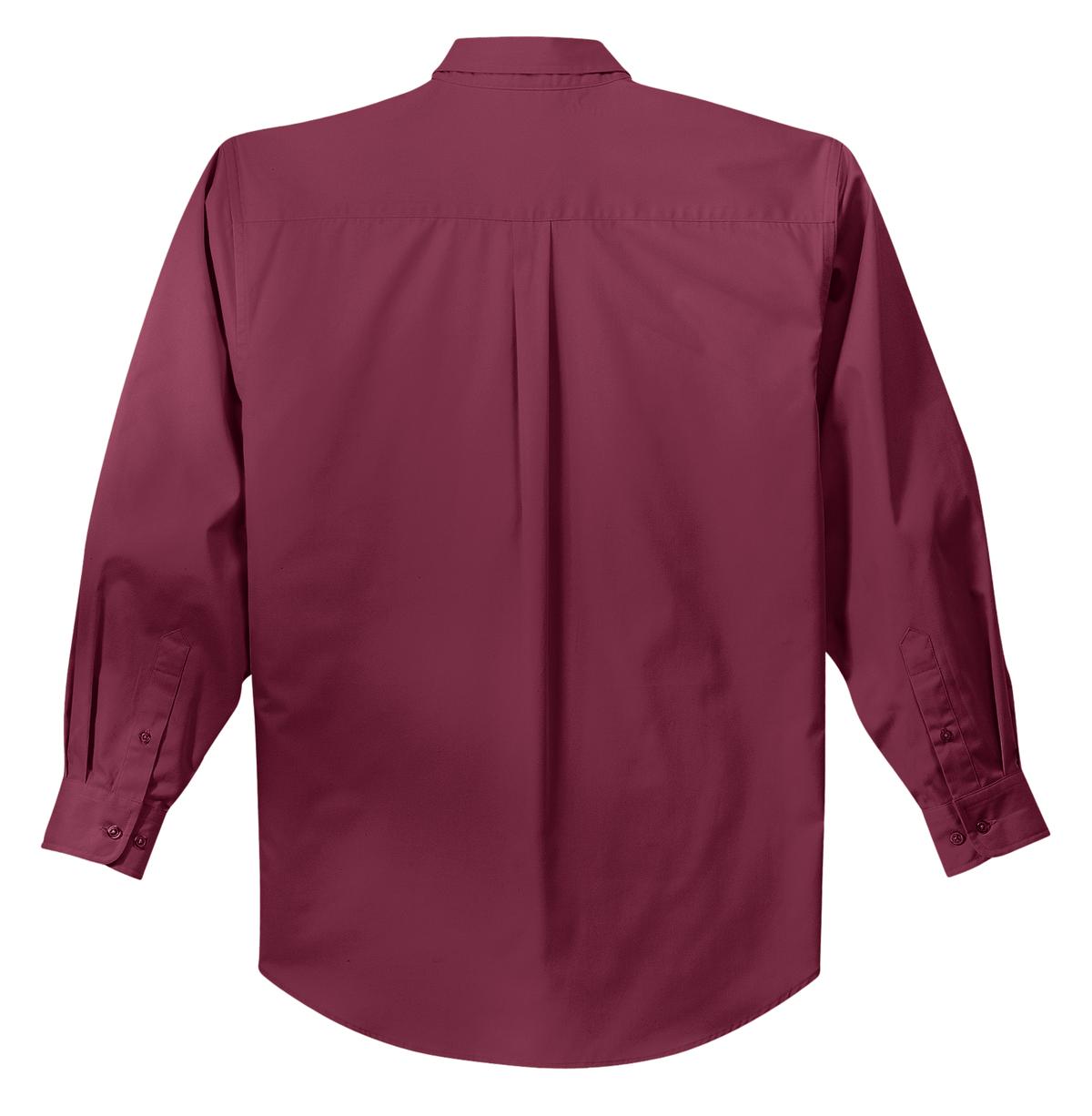 Port Authority tall long sleeve button up shirt in color burgundy with left chest pocket showing back of the shirt against a white background