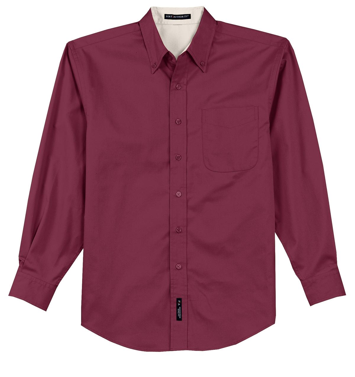 Port Authority tall long sleeve button up shirt in color Burgundy with left chest pocket against a white background