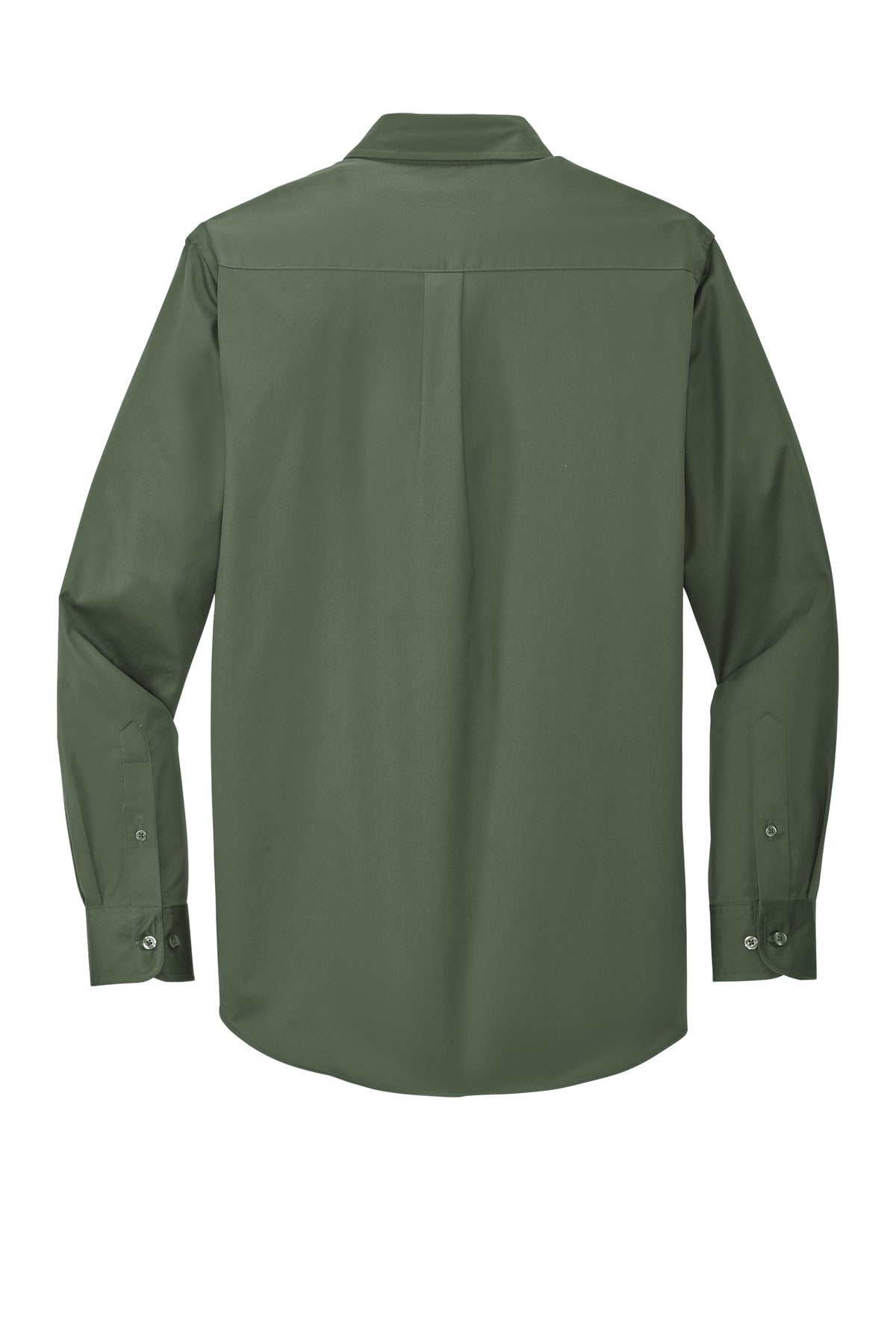 Port Authority tall long sleeve button up shirt in color clover green with left chest pocket showing back of the shirt against a white background