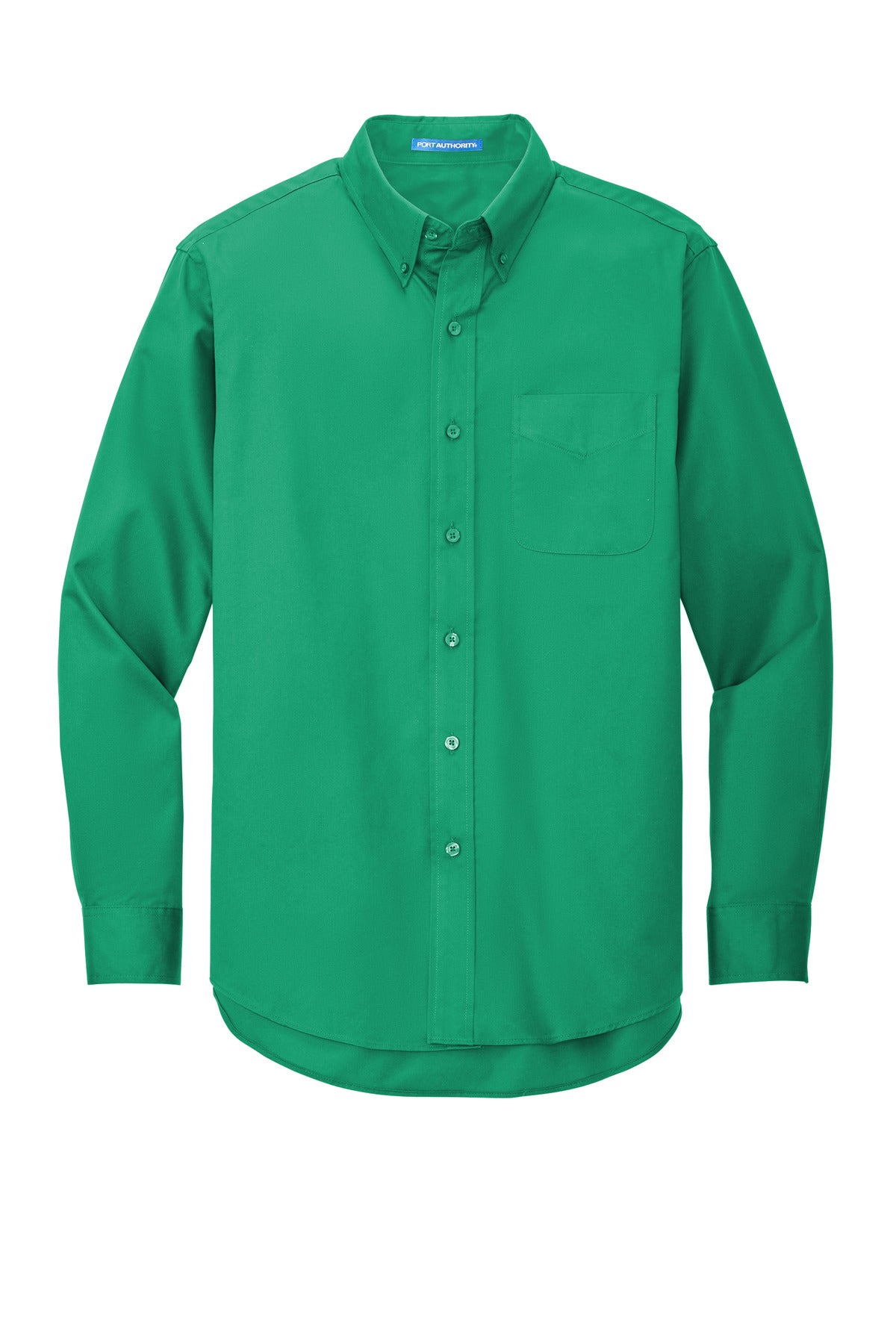 Port Authority tall long sleeve button up shirt in color court green with left chest pocket against a white background