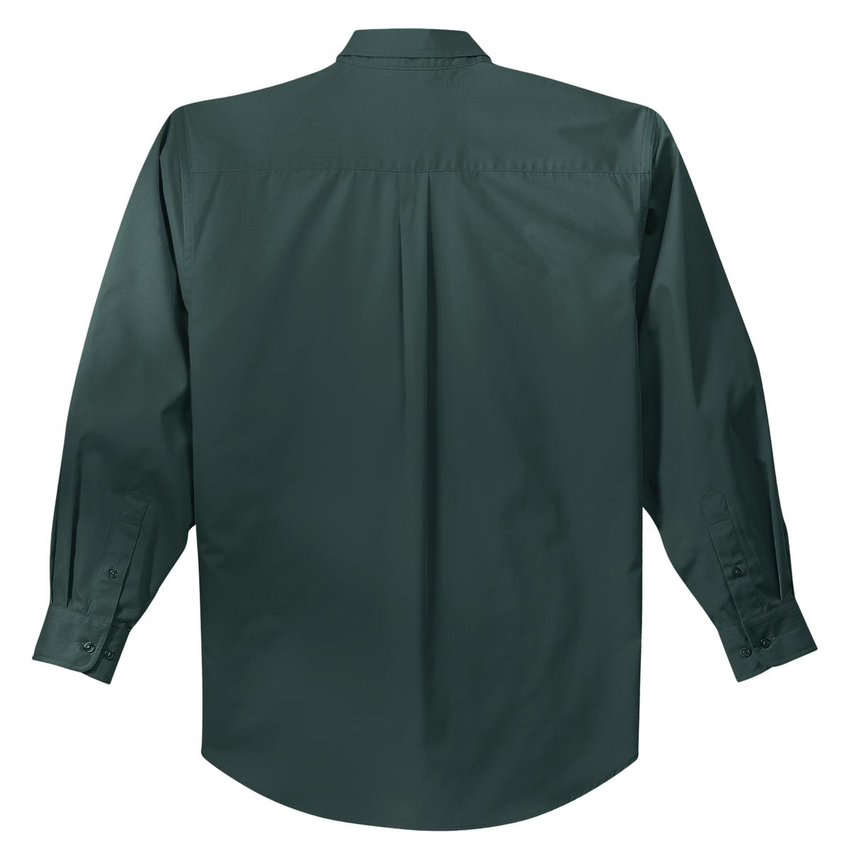 Port Authority tall long sleeve button up shirt in color dark green with left chest pocket showing back of the shirt against a white background