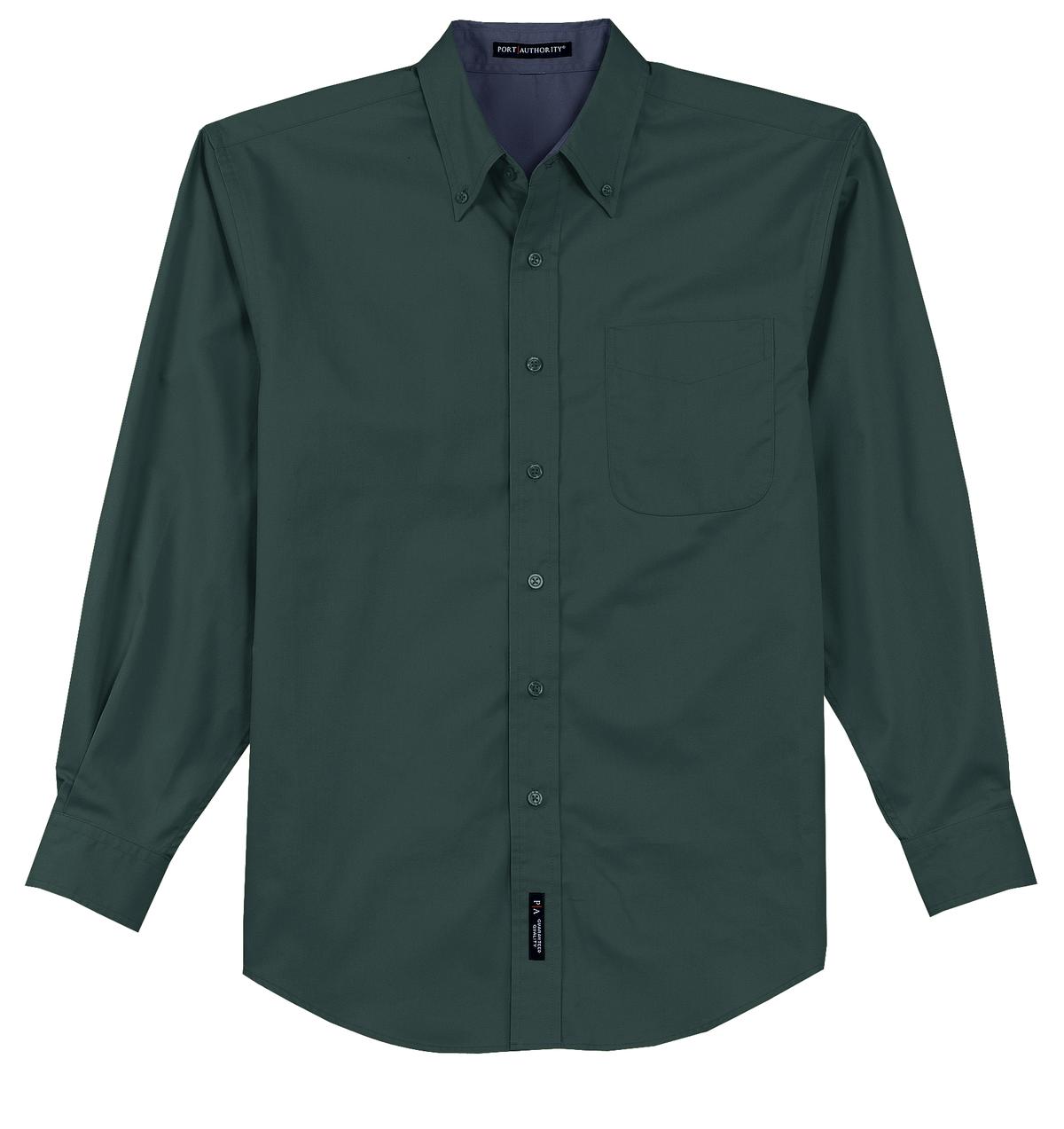 Port Authority tall long sleeve button up shirt in color dark green with left chest pocket against a white background