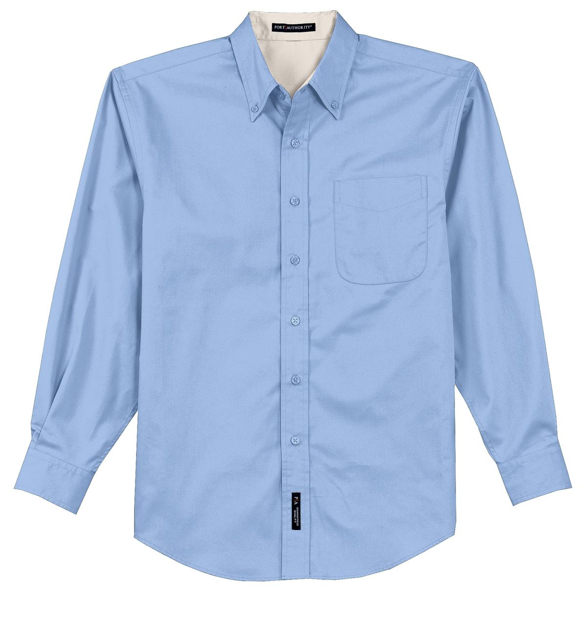 Port Authority tall long sleeve button up shirt in color Light Blue with left chest pocket against a white background