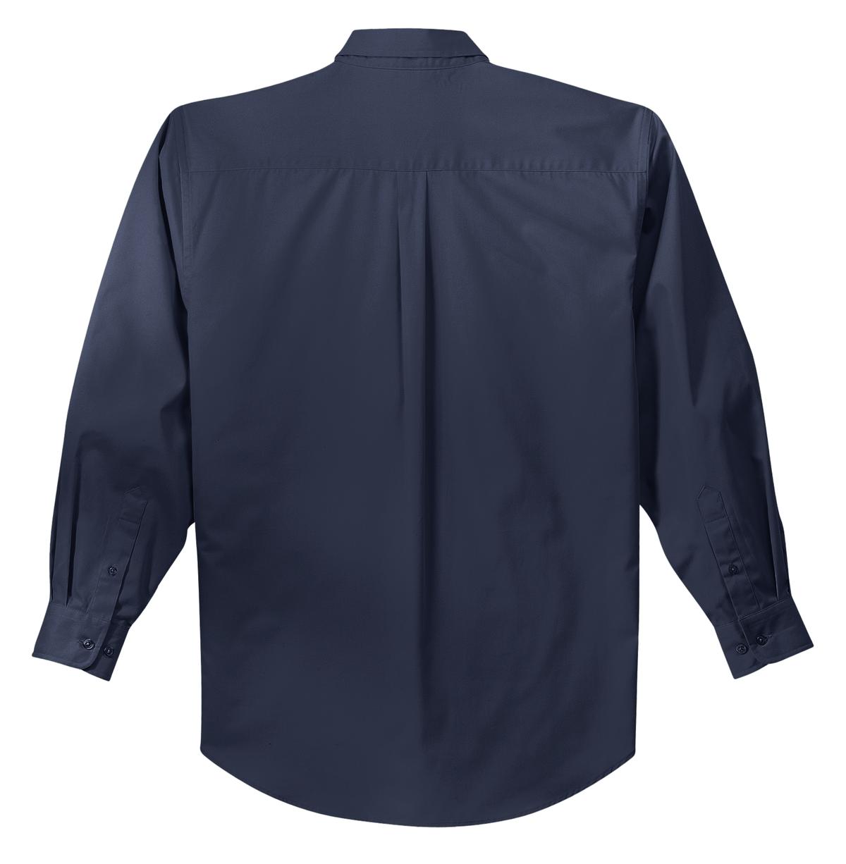 Port Authority tall long sleeve button up shirt in color navy with left chest pocket showing back of the shirt against a white background