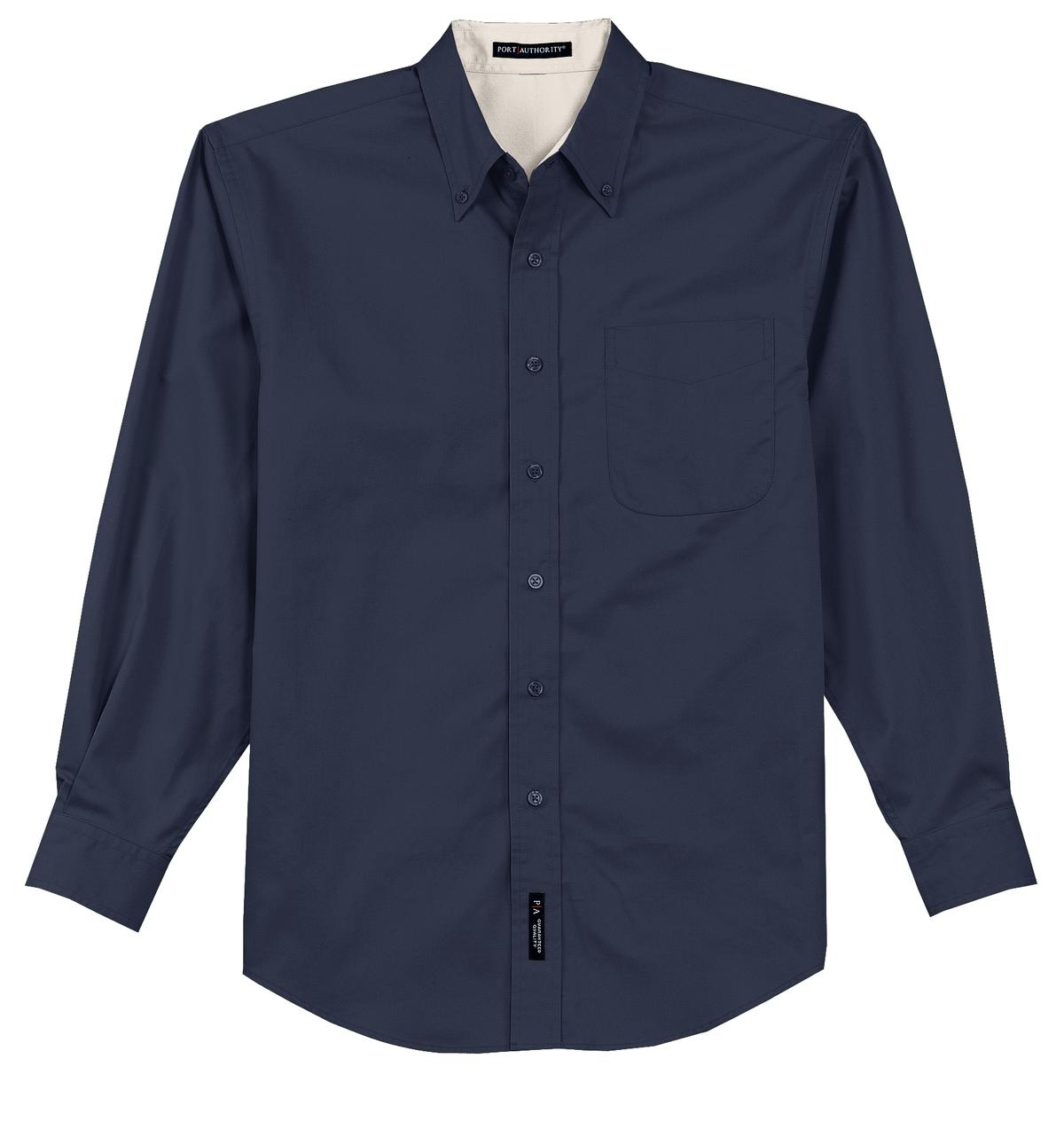 Port Authority tall long sleeve button up shirt in color navy with left chest pocket against a white background