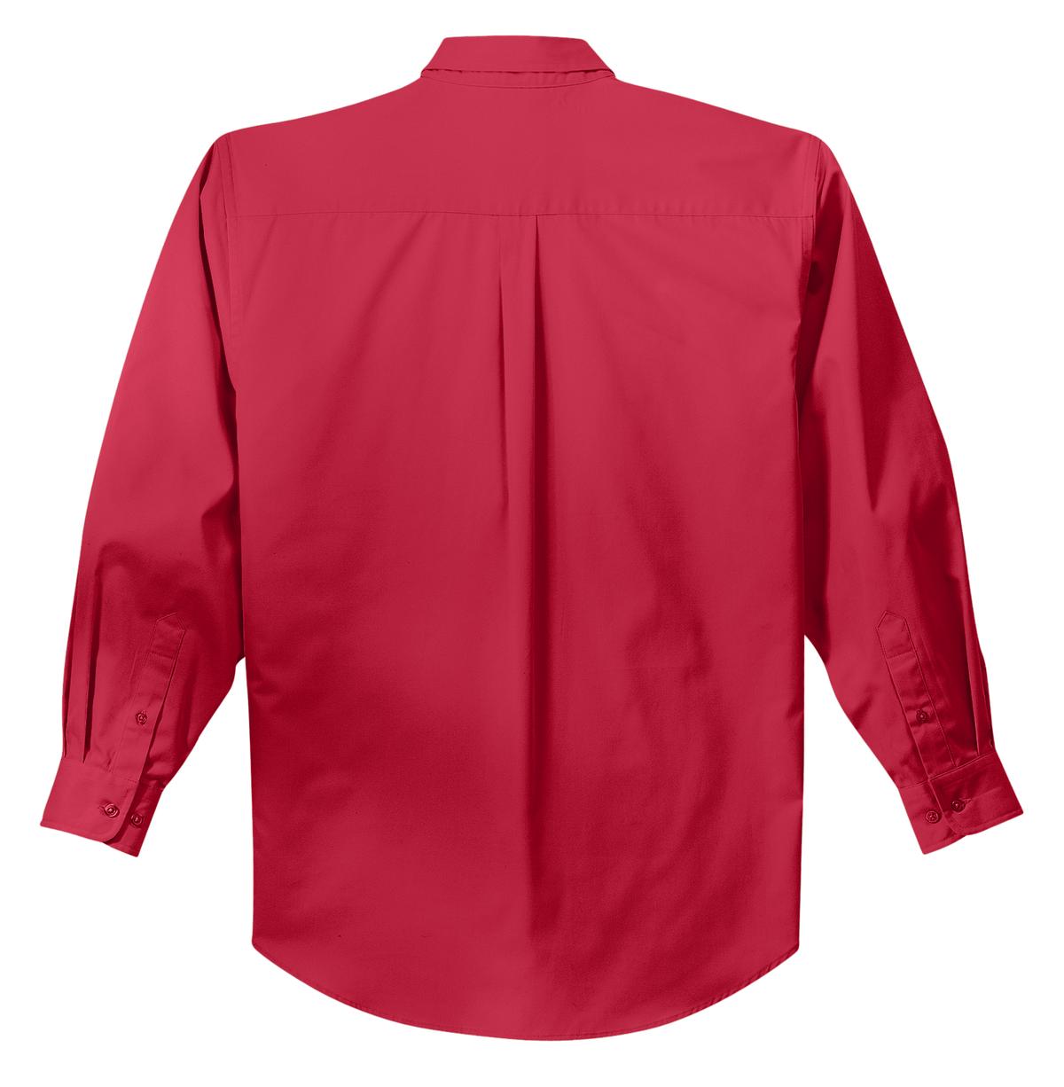 Port Authority tall long sleeve button up shirt in color red with left chest pocket showing back of the shirt against a white background