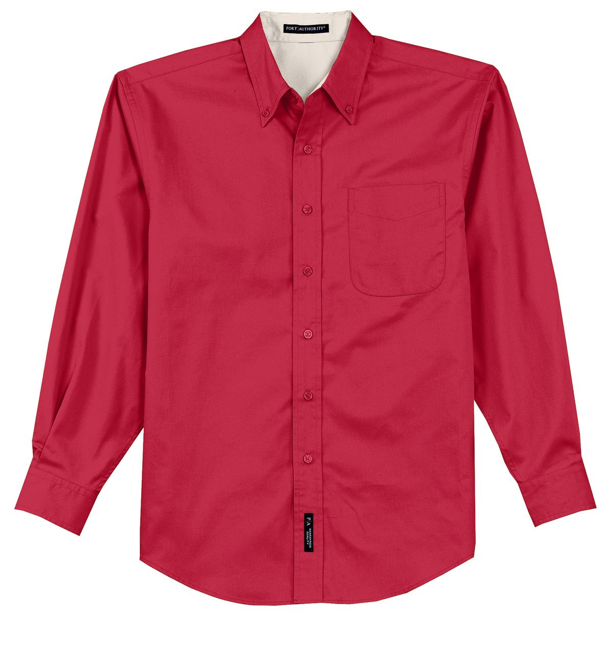 Port Authority tall long sleeve button up shirt in color red with left chest pocket against a white background