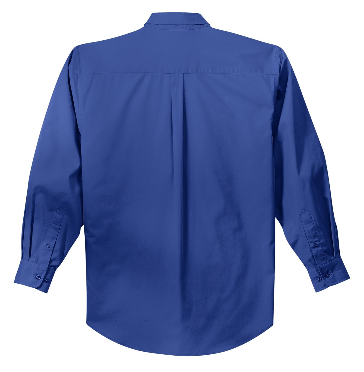 Port Authority tall long sleeve button up shirt in color Royal with left chest pocket showing back of the shirt against a white background