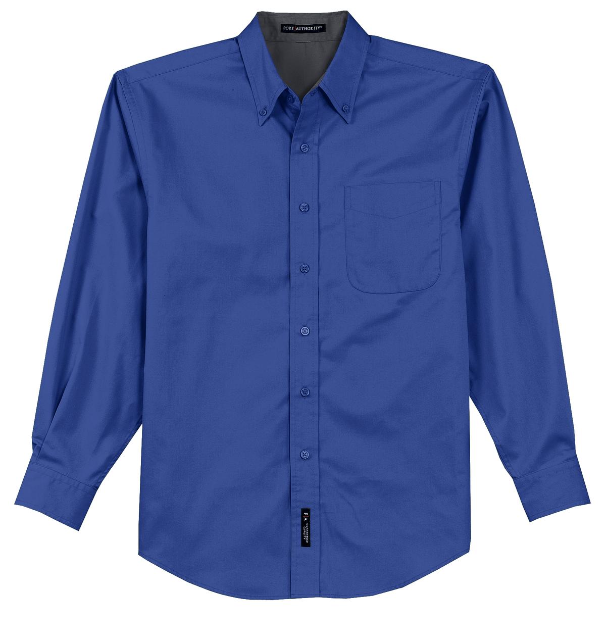 Port Authority tall long sleeve button up shirt in color Royal blue with left chest pocket against a white background