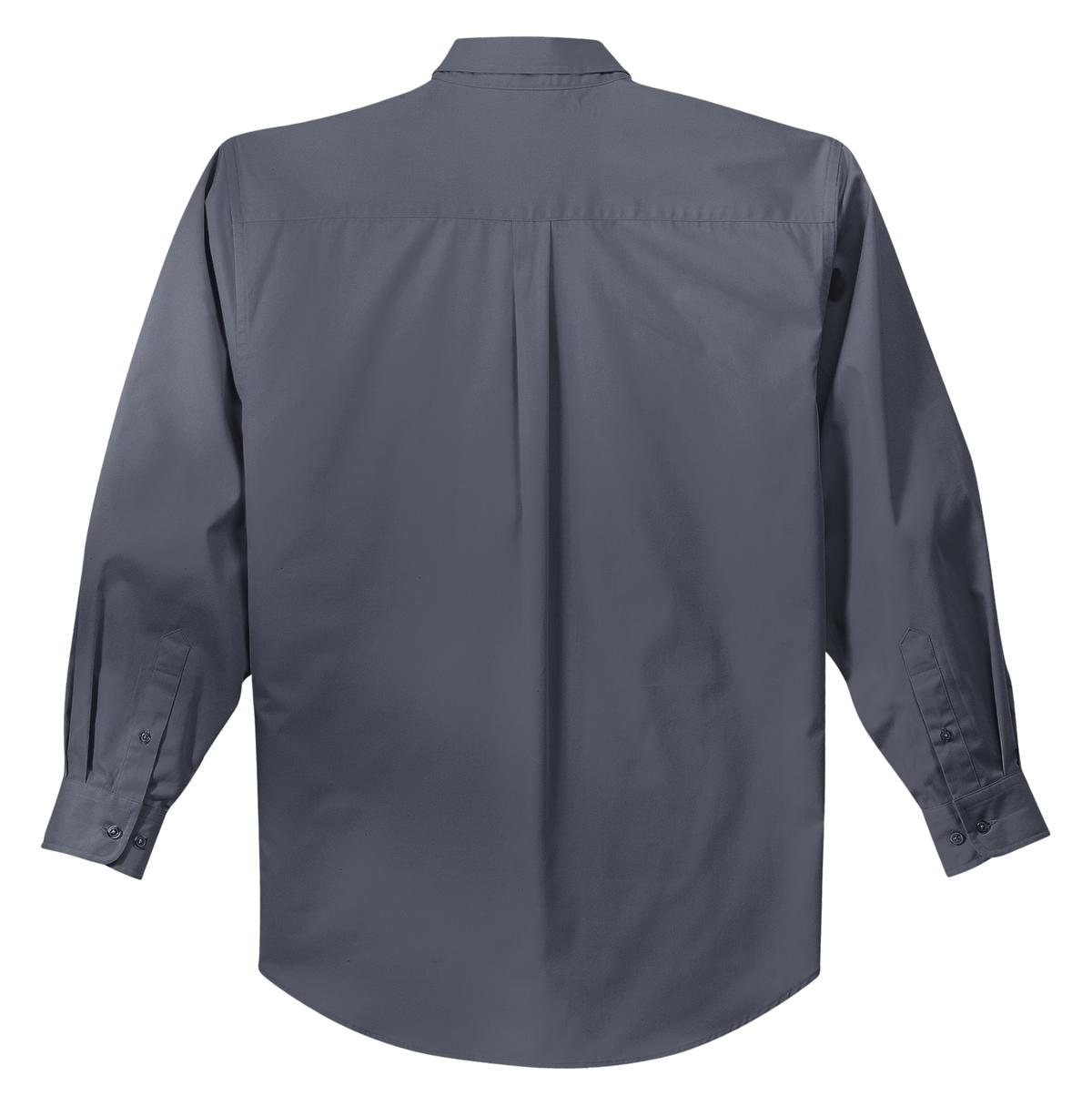 Port Authority tall long sleeve button up shirt in color steel grey with left chest pocket showing back of the shirt against a white background