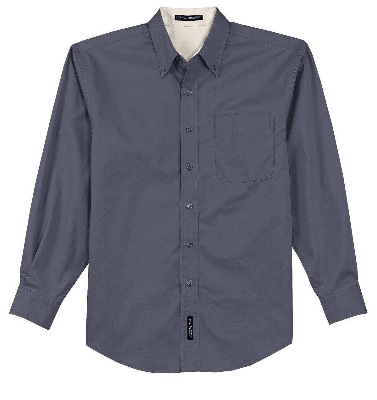Port Authority tall long sleeve button up shirt in color steel grey with left chest pocket against a white background