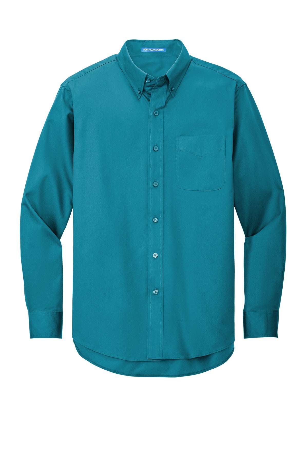 Port Authority tall long sleeve button up shirt in color teal with left chest pocket against a white background