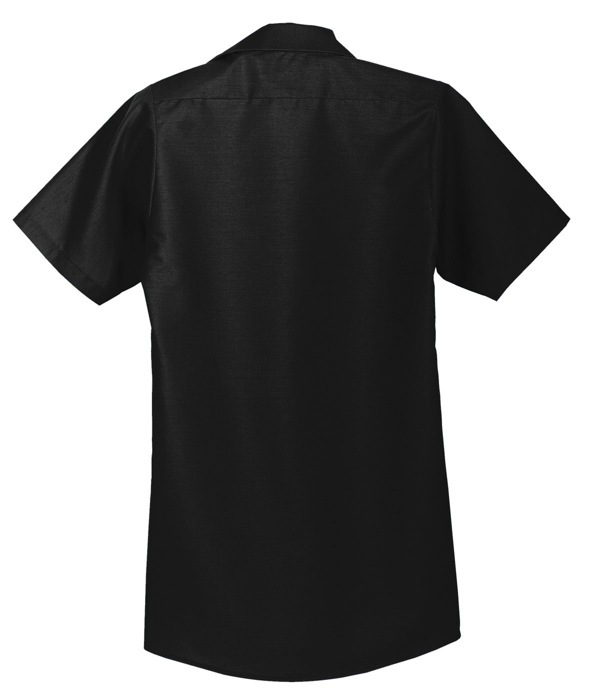 Red Kap Long Size Short Sleeve button up tee shirt Industrial Work Shirt in black with dyed buttons showing the back of the shirt against a white background