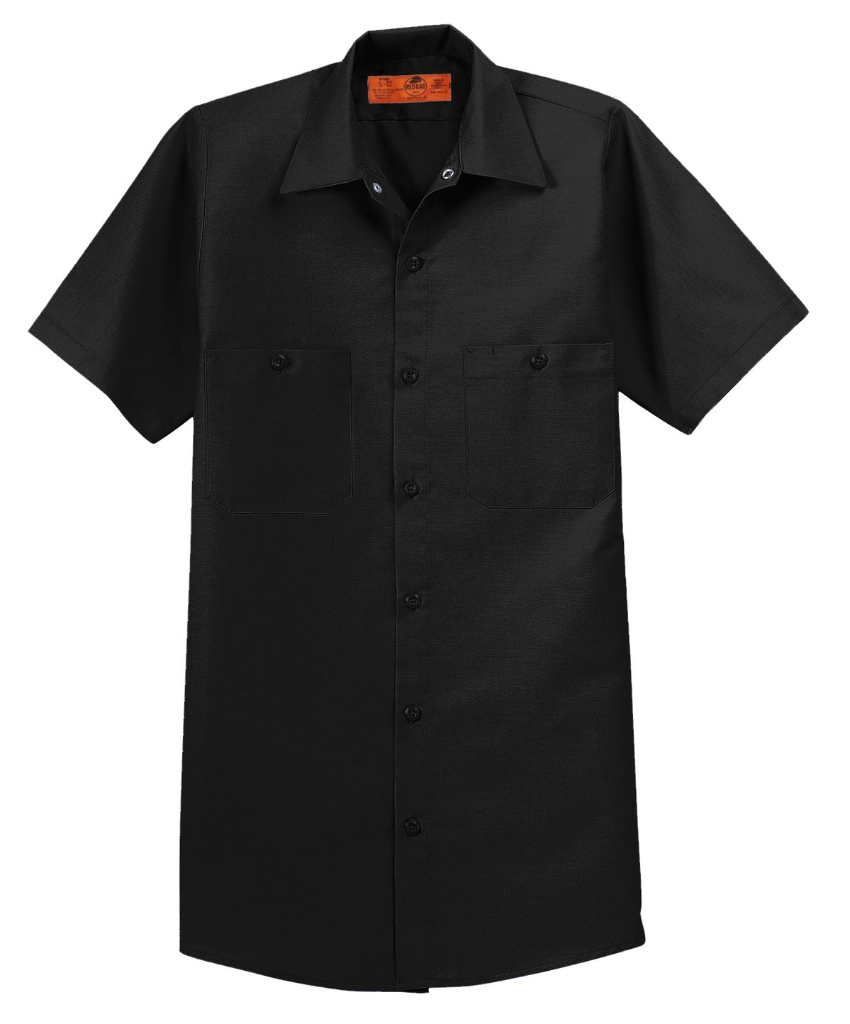 Red Kap Long Size Short Sleeve button up tee shirt Industrial Work Shirt in black with dyed buttons against a white background