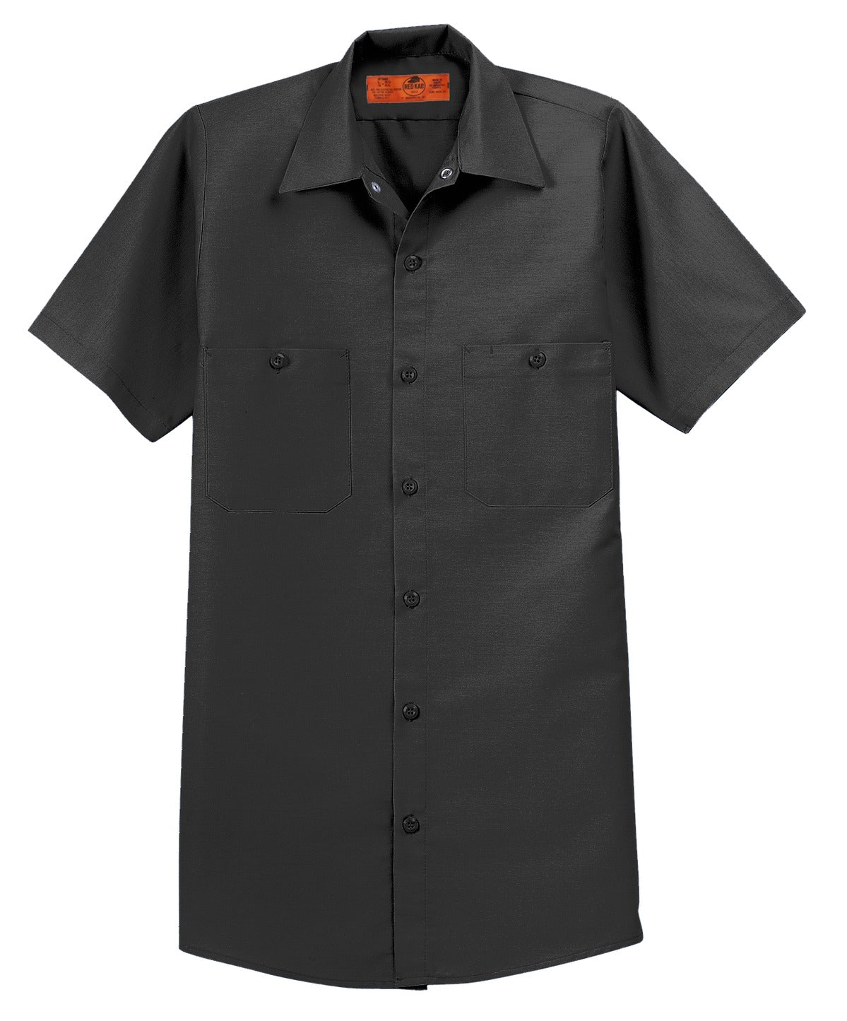 Red Kap Long Size Short Sleeve button up tee shirt Industrial Work Shirt in charcoal with dyed buttons against a white background