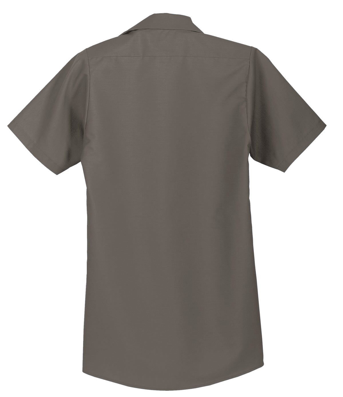 Red Kap Long Size Short Sleeve button up tee shirt Industrial Work Shirt in grey with dyed buttons showing the back of the shirt against a white background