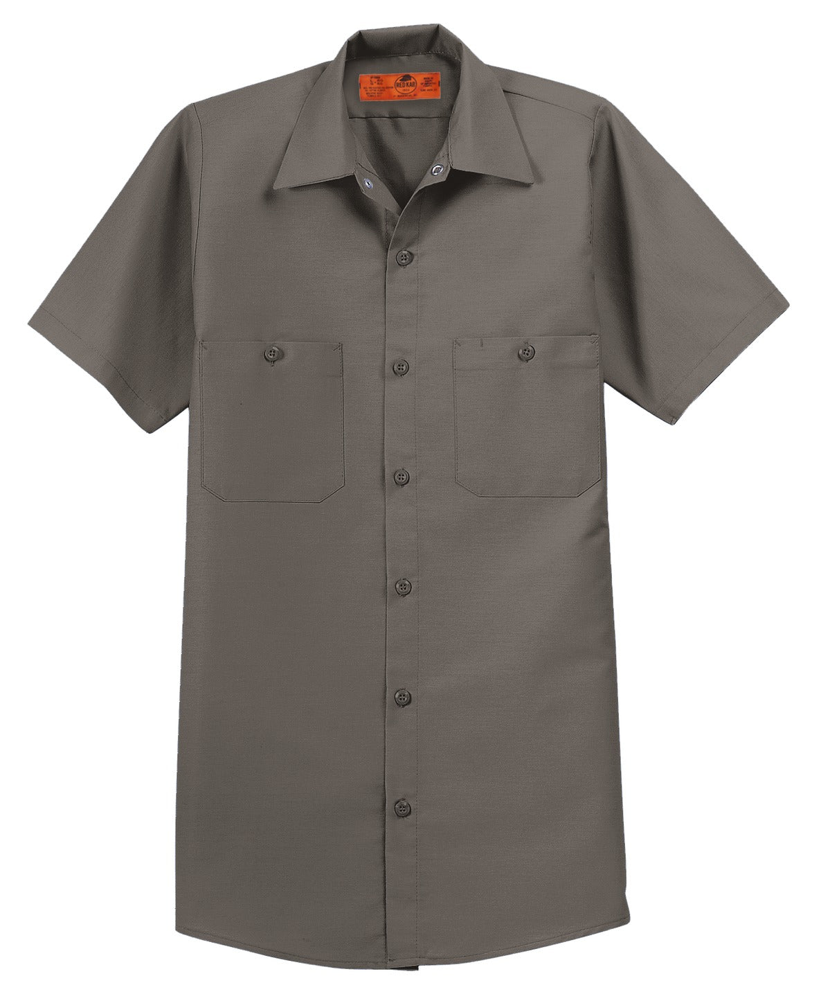 Red Kap Long Size Short Sleeve button up tee shirt Industrial Work Shirt in grey with dyed buttons against a white background