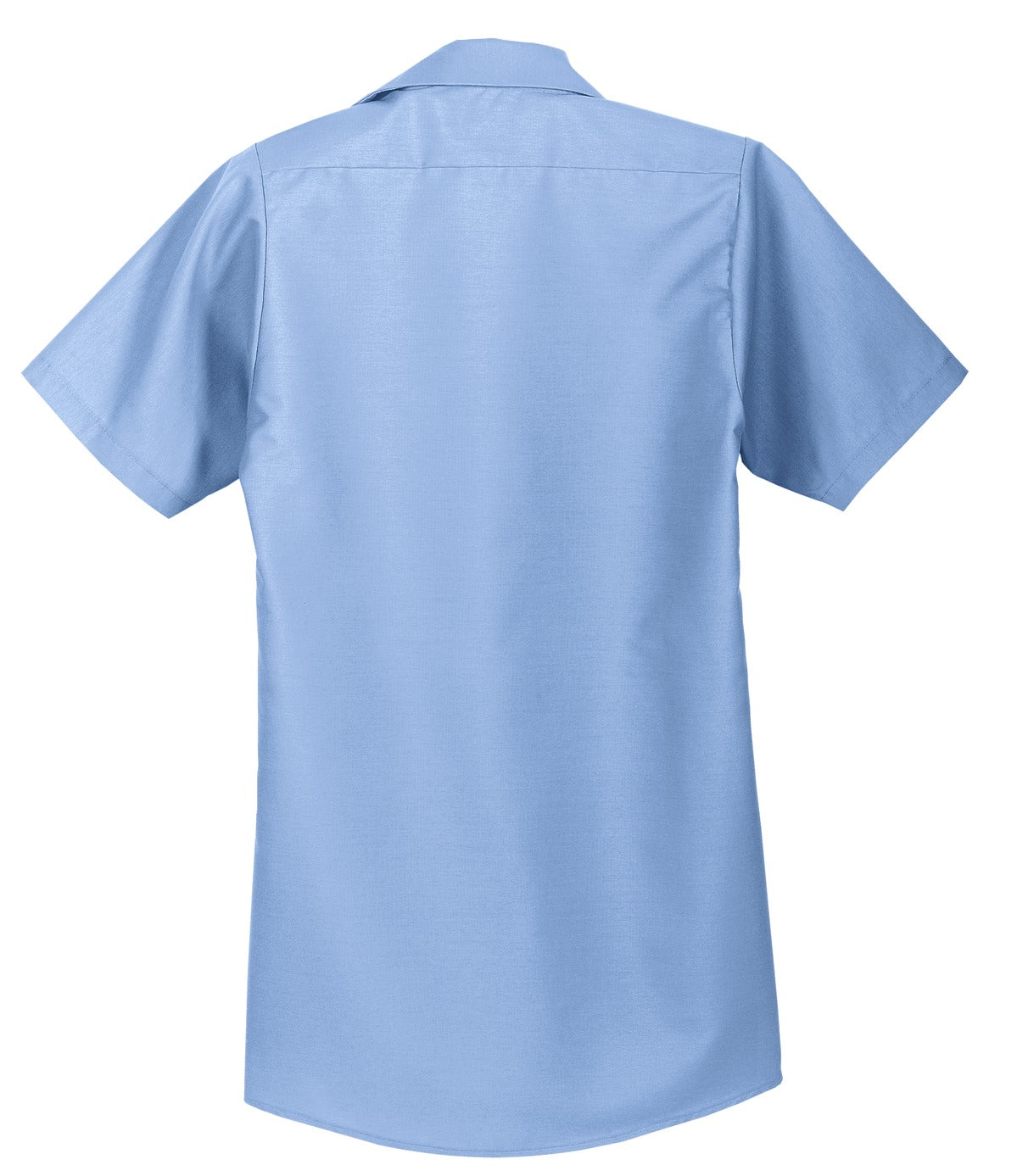 Red Kap Long Size Short Sleeve button up tee shirt Industrial Work Shirt in light blue with dyed buttons showing the back of the shirt against a white background