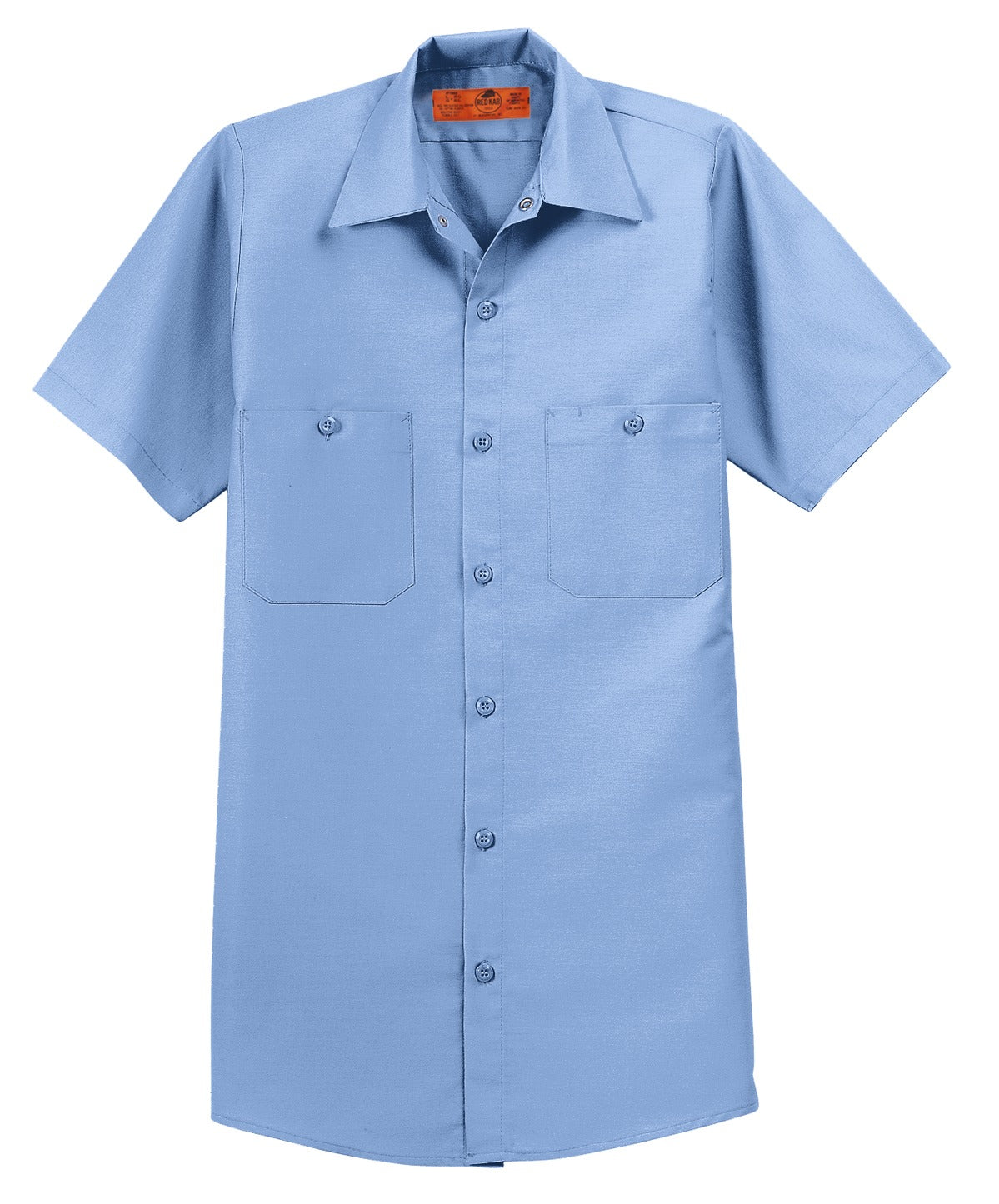 Red Kap Long Size Short Sleeve button up tee shirt Industrial Work Shirt in light blue with dyed buttons against a white background