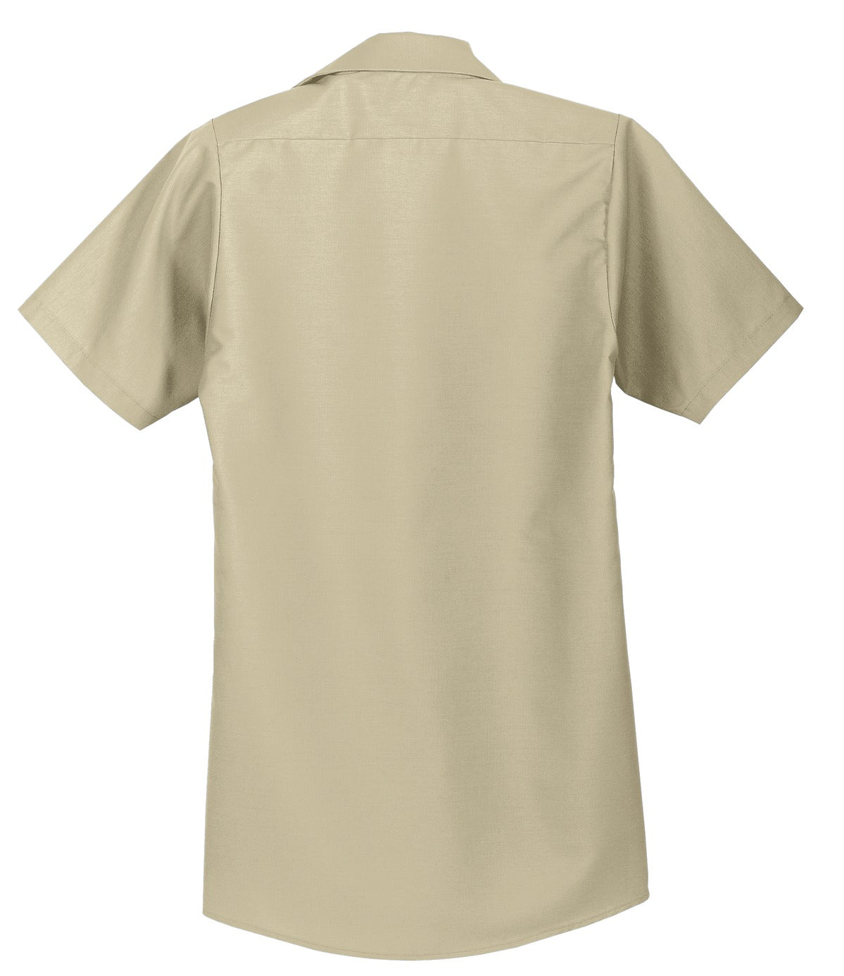 Red Kap Long Size Short Sleeve button up tee shirt Industrial Work Shirt in light tan with dyed buttons showing the back of the shirt against a white background