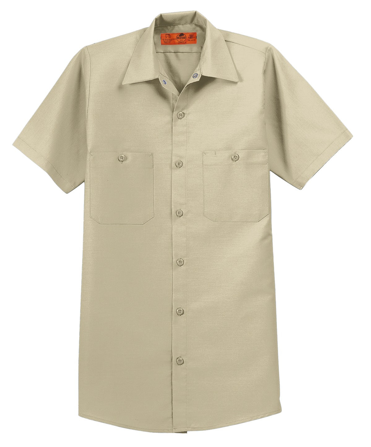 Red Kap Long Size Short Sleeve button up tee shirt Industrial Work Shirt in light tan with dyed buttons against a white background
