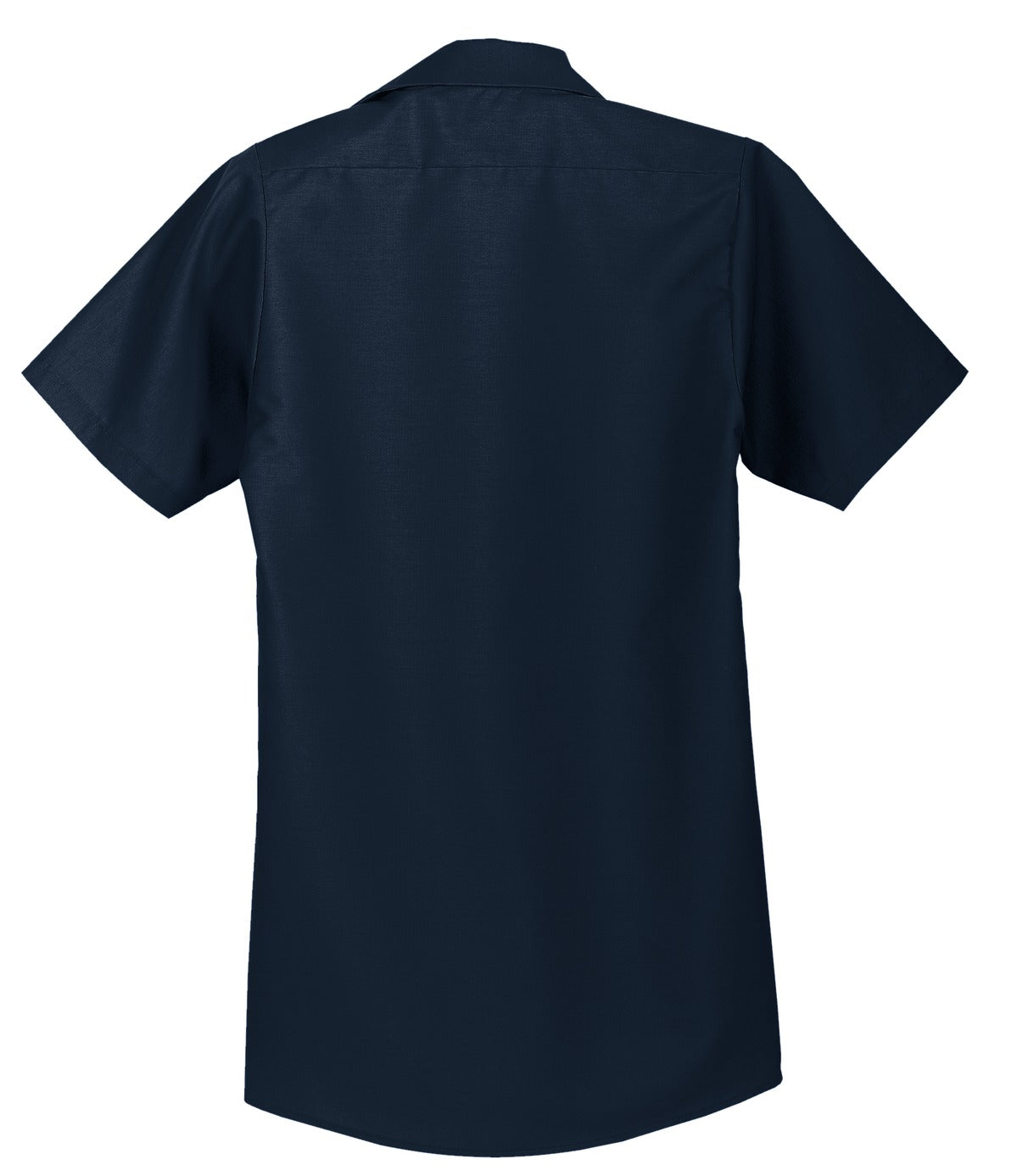 Red Kap Long Size Short Sleeve button up tee shirt Industrial Work Shirt in navy with dyed buttons showing the back of the shirt against a white background