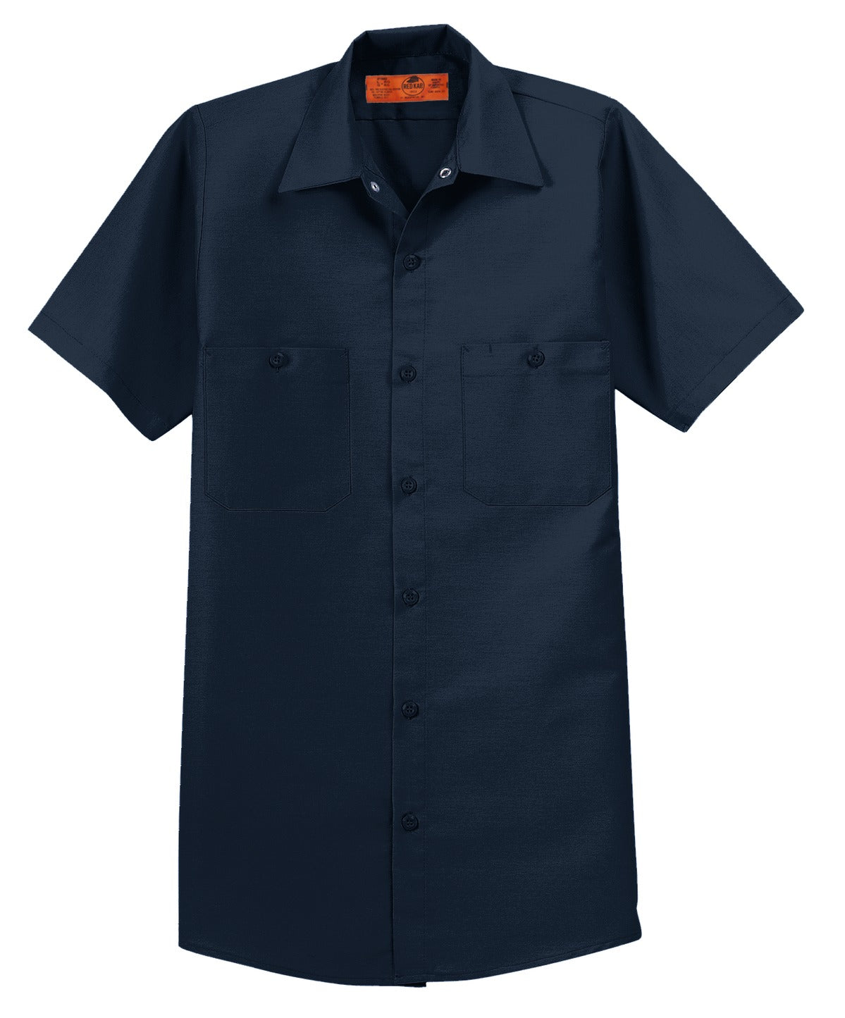 Red Kap Long Size Short Sleeve button up tee shirt Industrial Work Shirt in navy with dyed buttons against a white background