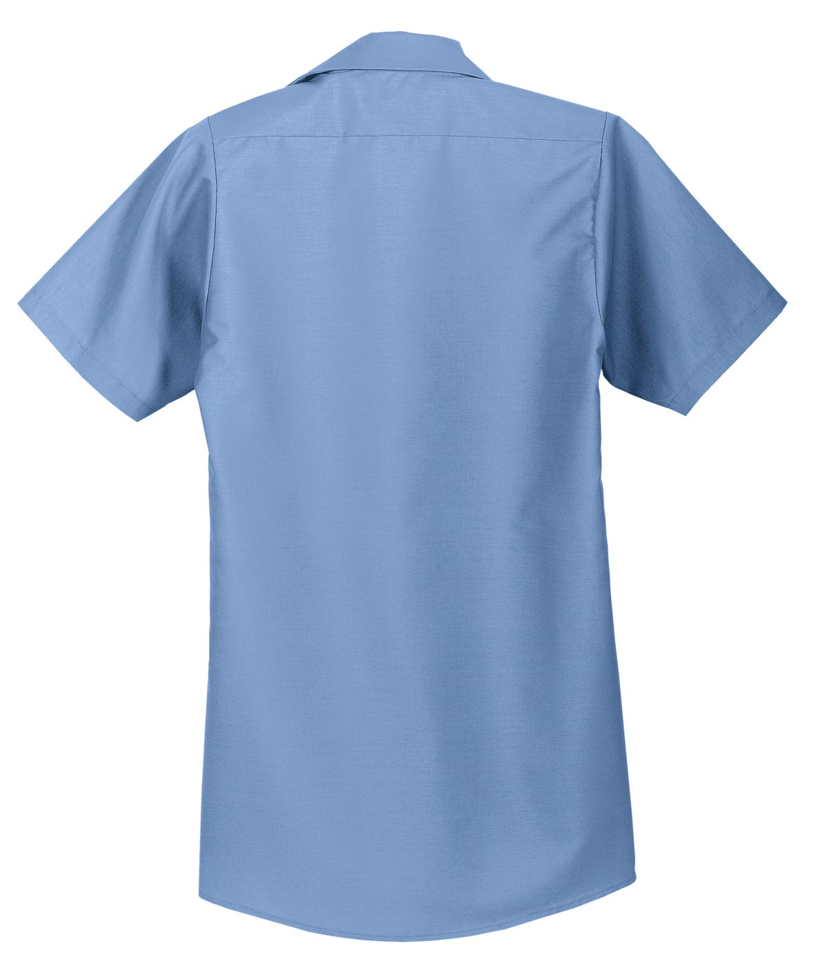 Red Kap Long Size Short Sleeve button up tee shirt Industrial Work Shirt in petrol blue with dyed buttons showing the back of the shirt against a white background