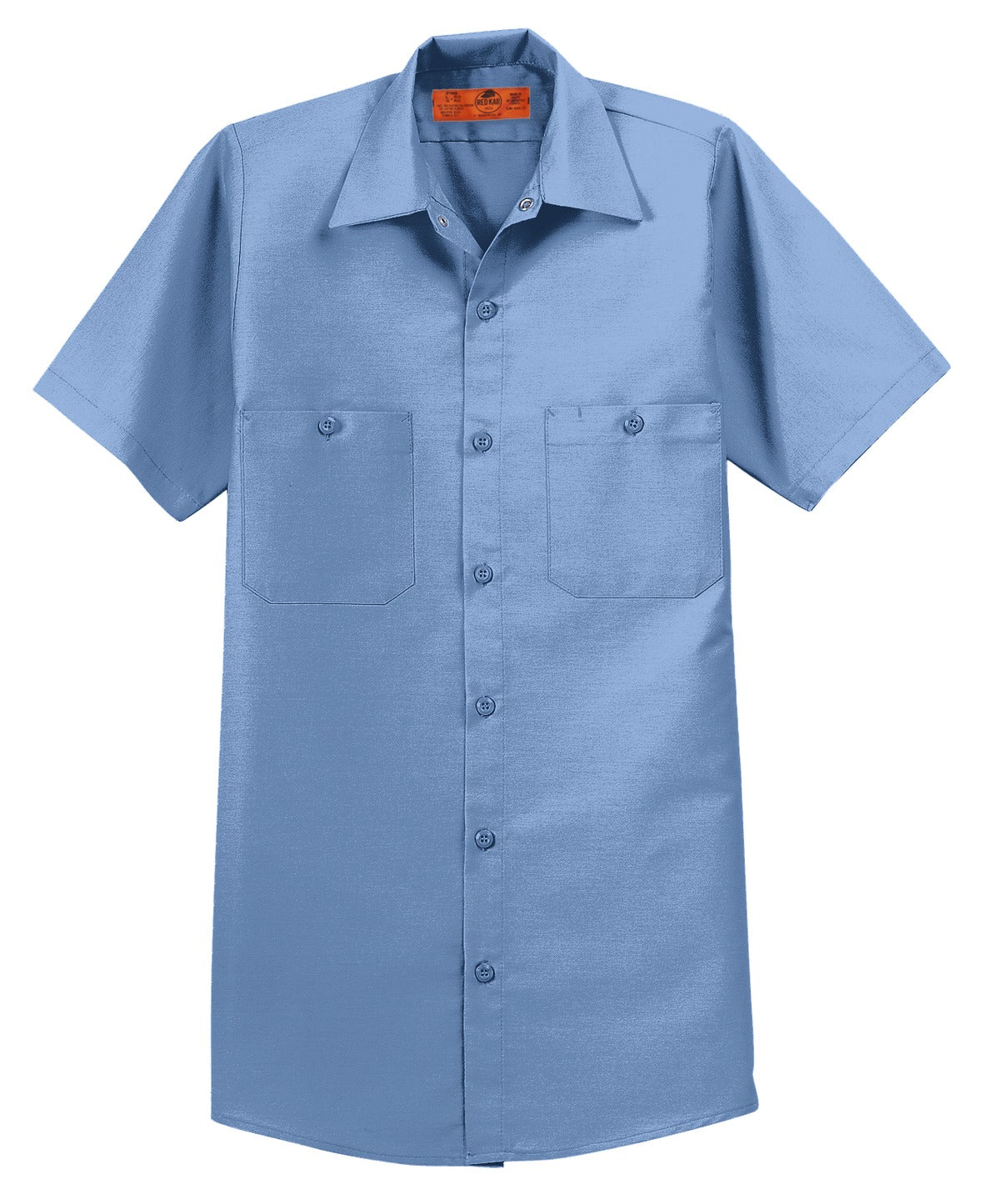 Red Kap Long Size Short Sleeve button up tee shirt Industrial Work Shirt in petrol blue with dyed buttons against a white background