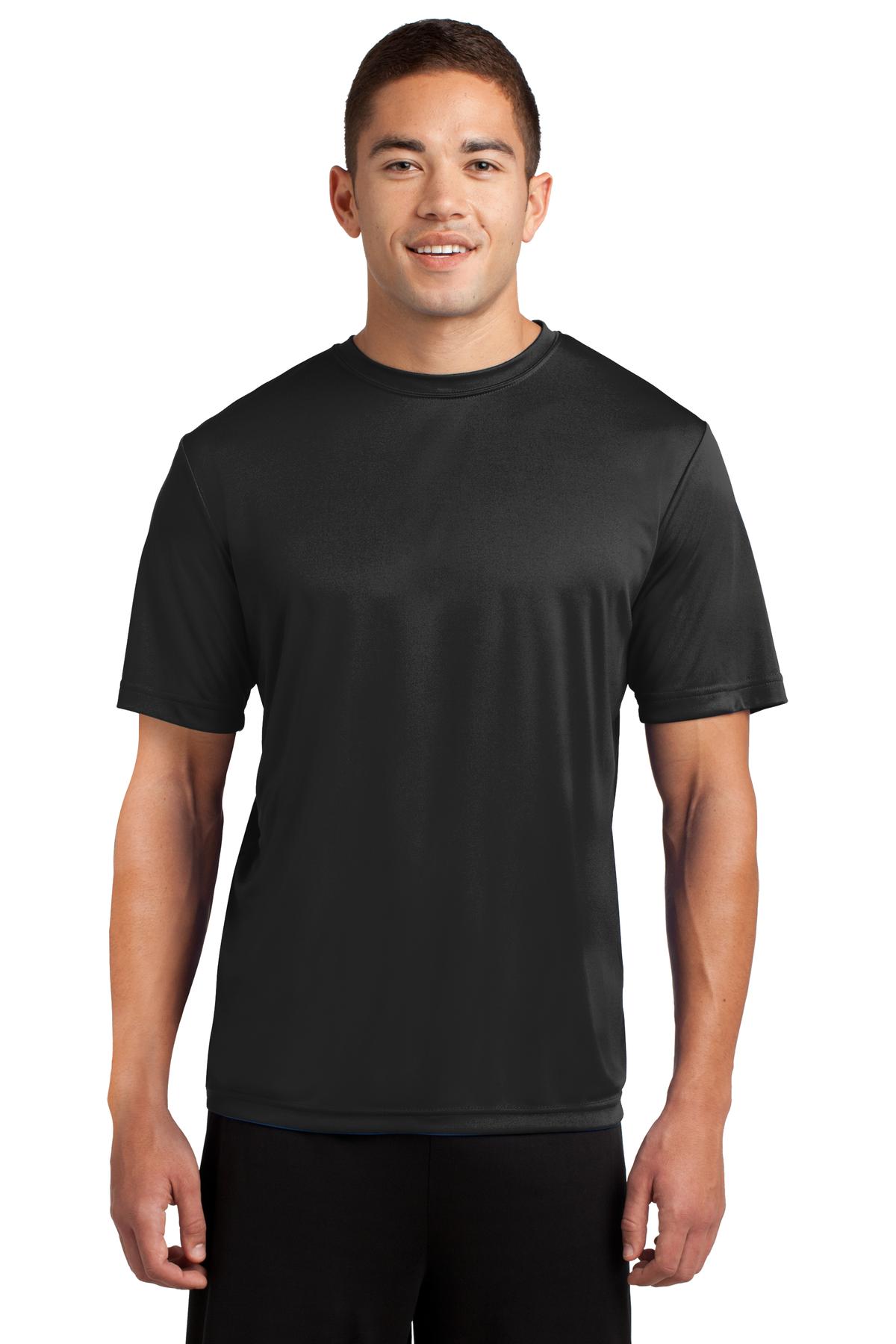 Tall male model 6,2 wearing a large black t shirt light weight breathable and roomy 100% polyester against a white background