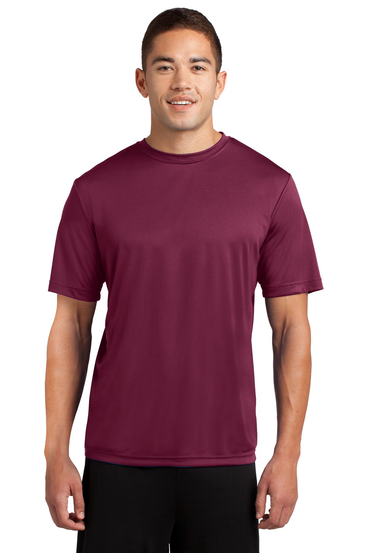 Tall male model 6,2 wearing a large cardinal t shirt light weight breathable and roomy 100% polyester against a white background