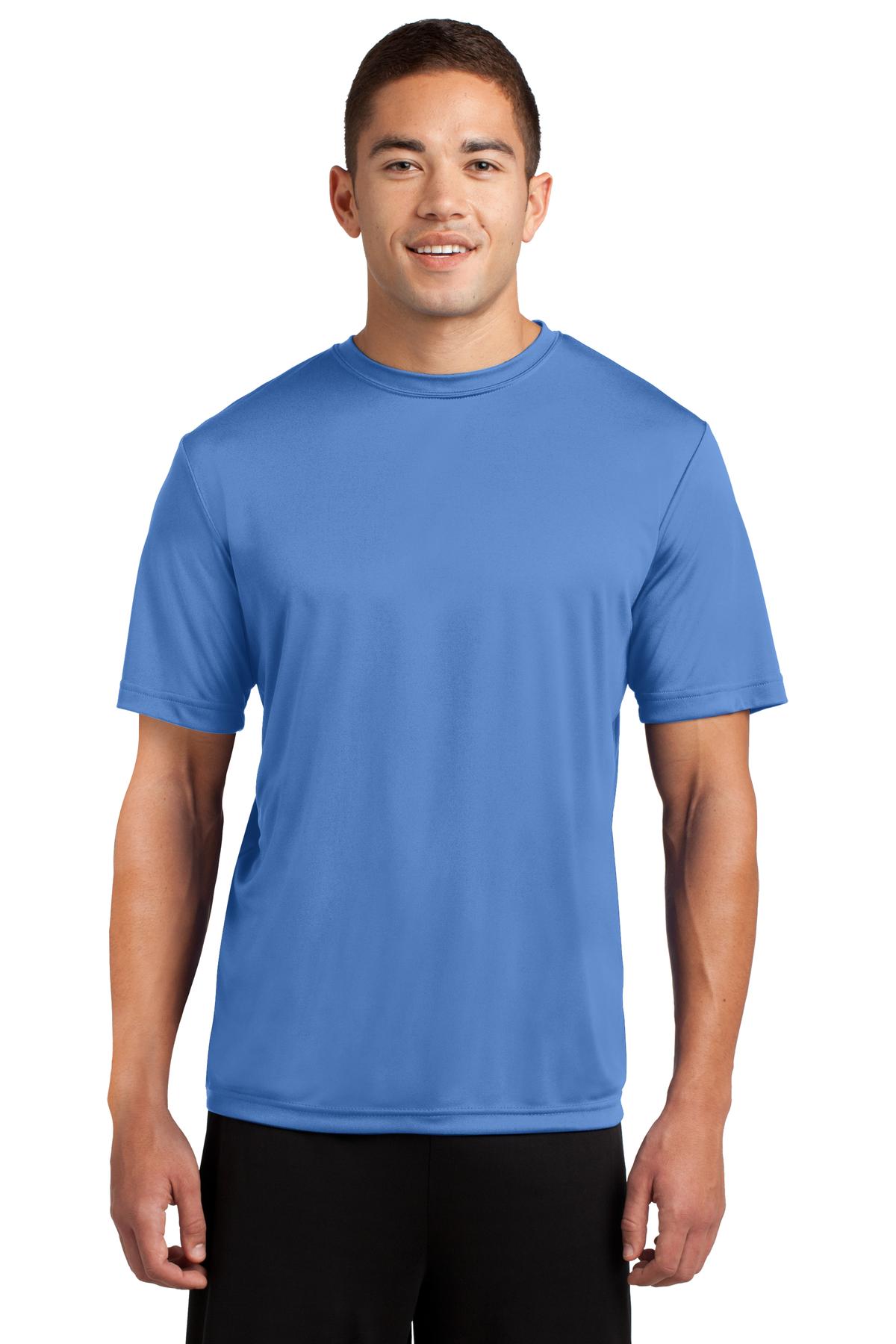 Tall male model 6,2 wearing a large carolina blue t shirt light weight breathable and roomy 100% polyester against a white background