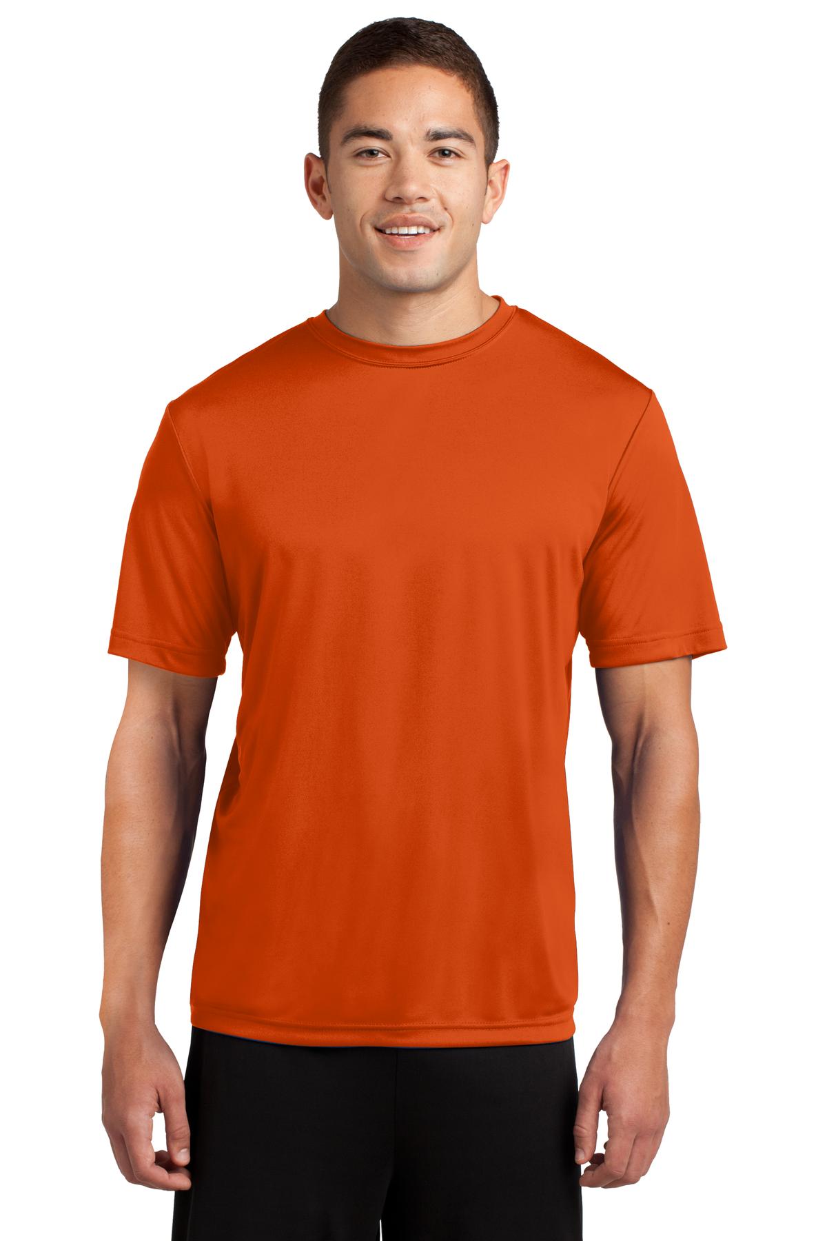 Tall male model 6,2 wearing a large deep orange t shirt light weight breathable and roomy 100% polyester against a white background